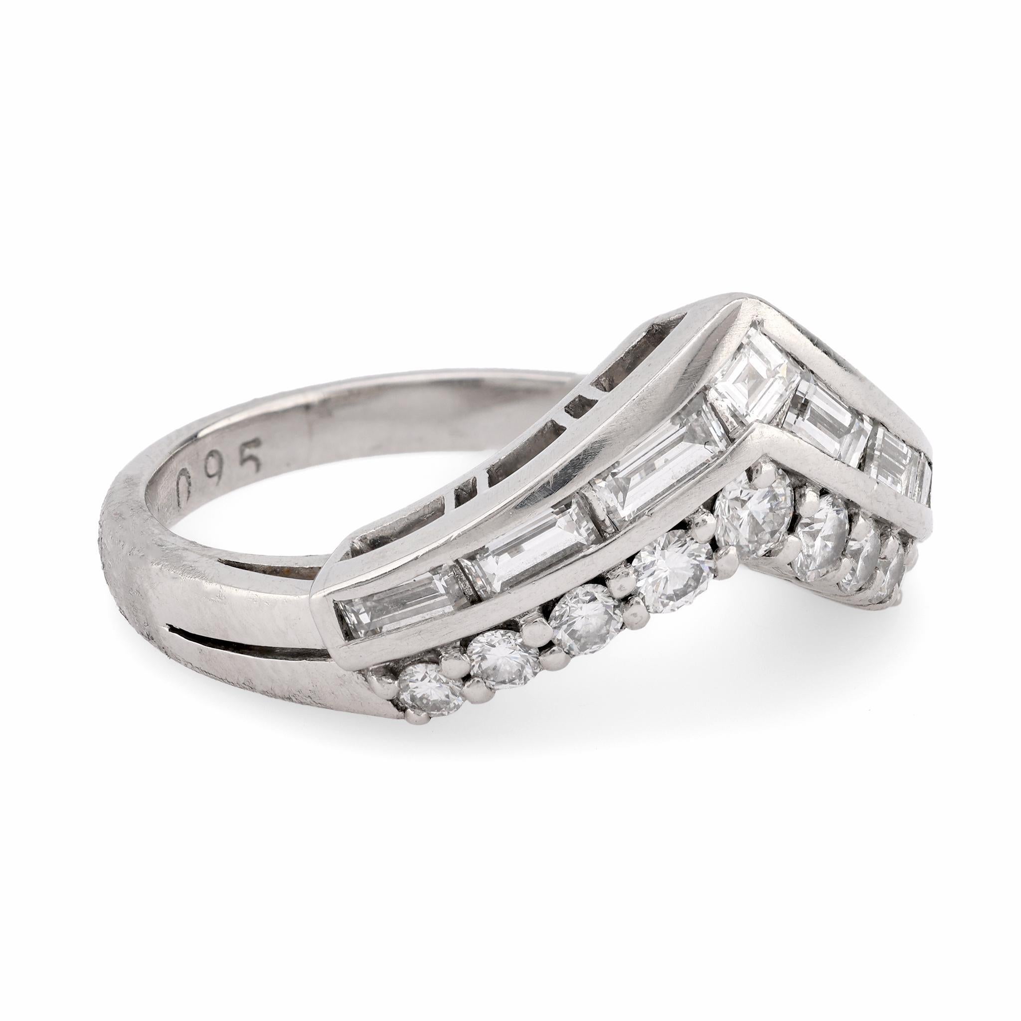 Baguette Cut Modern Diamond Platinum Chevron Band For Sale