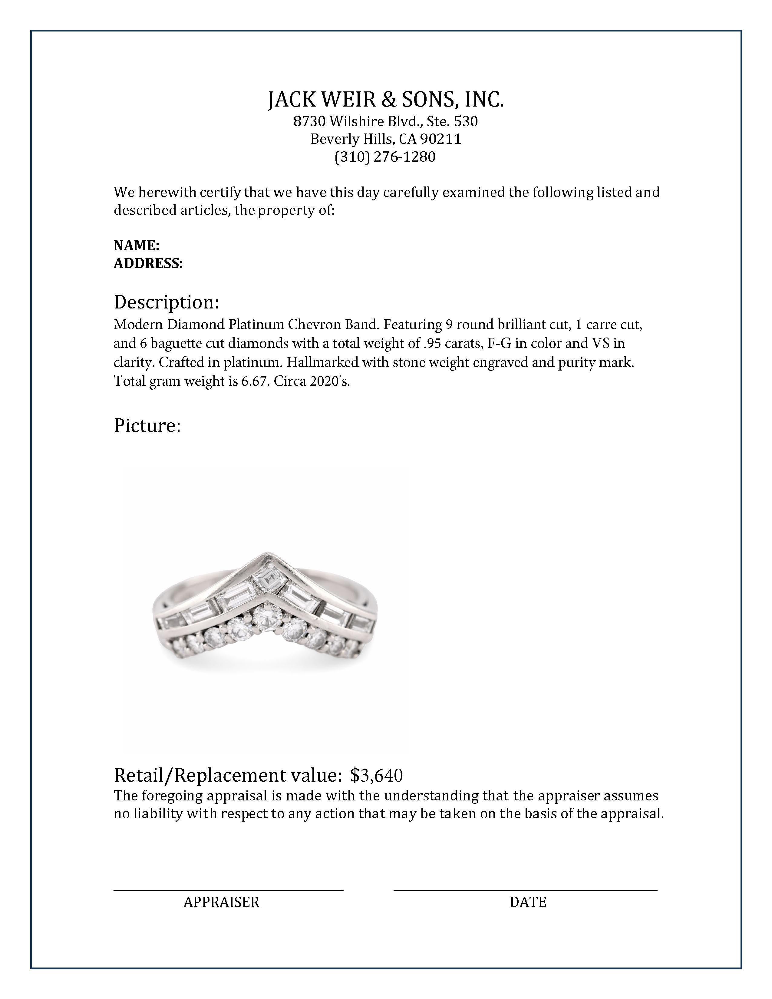 Women's or Men's Modern Diamond Platinum Chevron Band For Sale