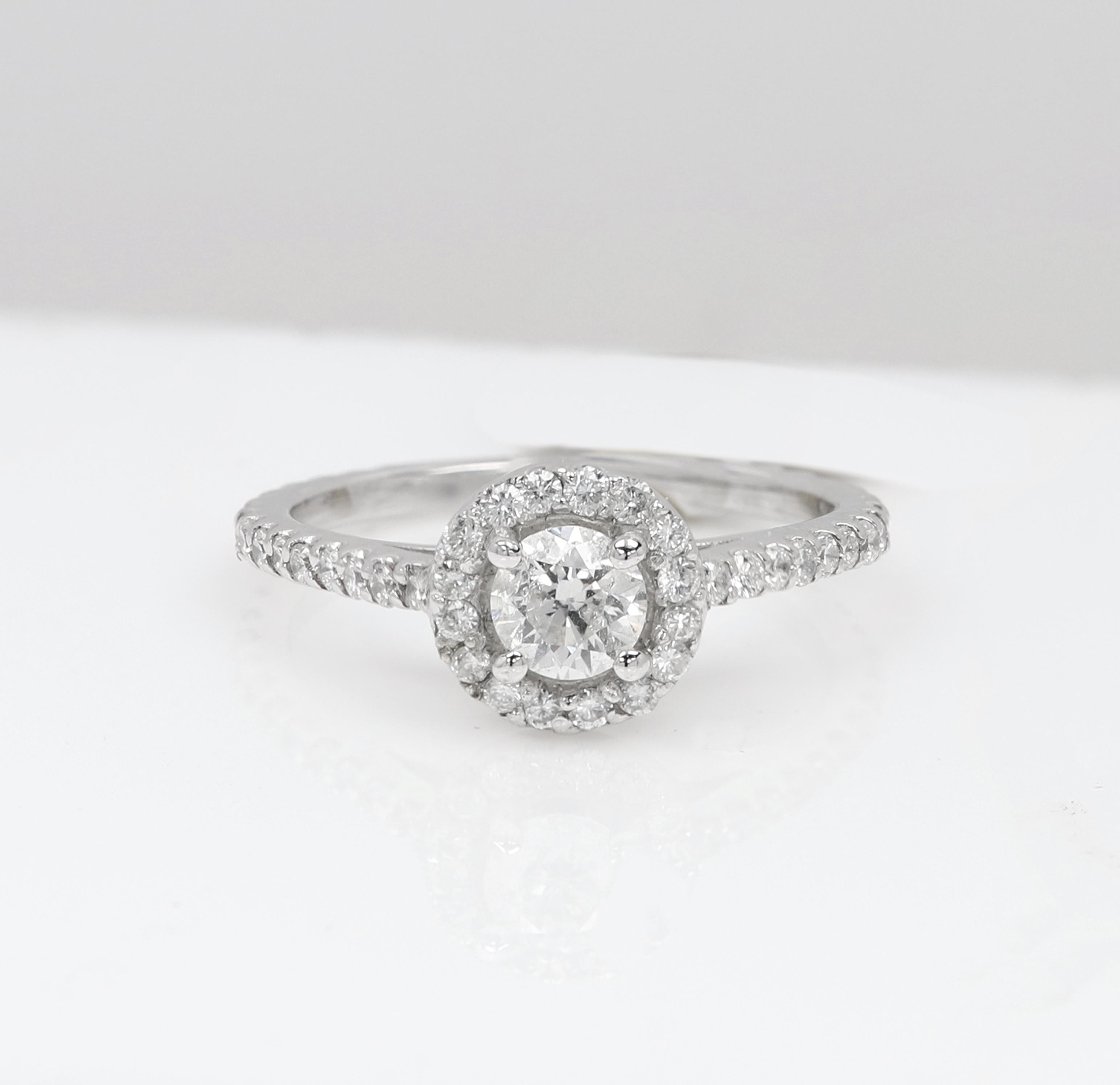 Modern Diamond Ring 14 Karat White Gold Halo Diamonds Engagement Ring For Sale 2