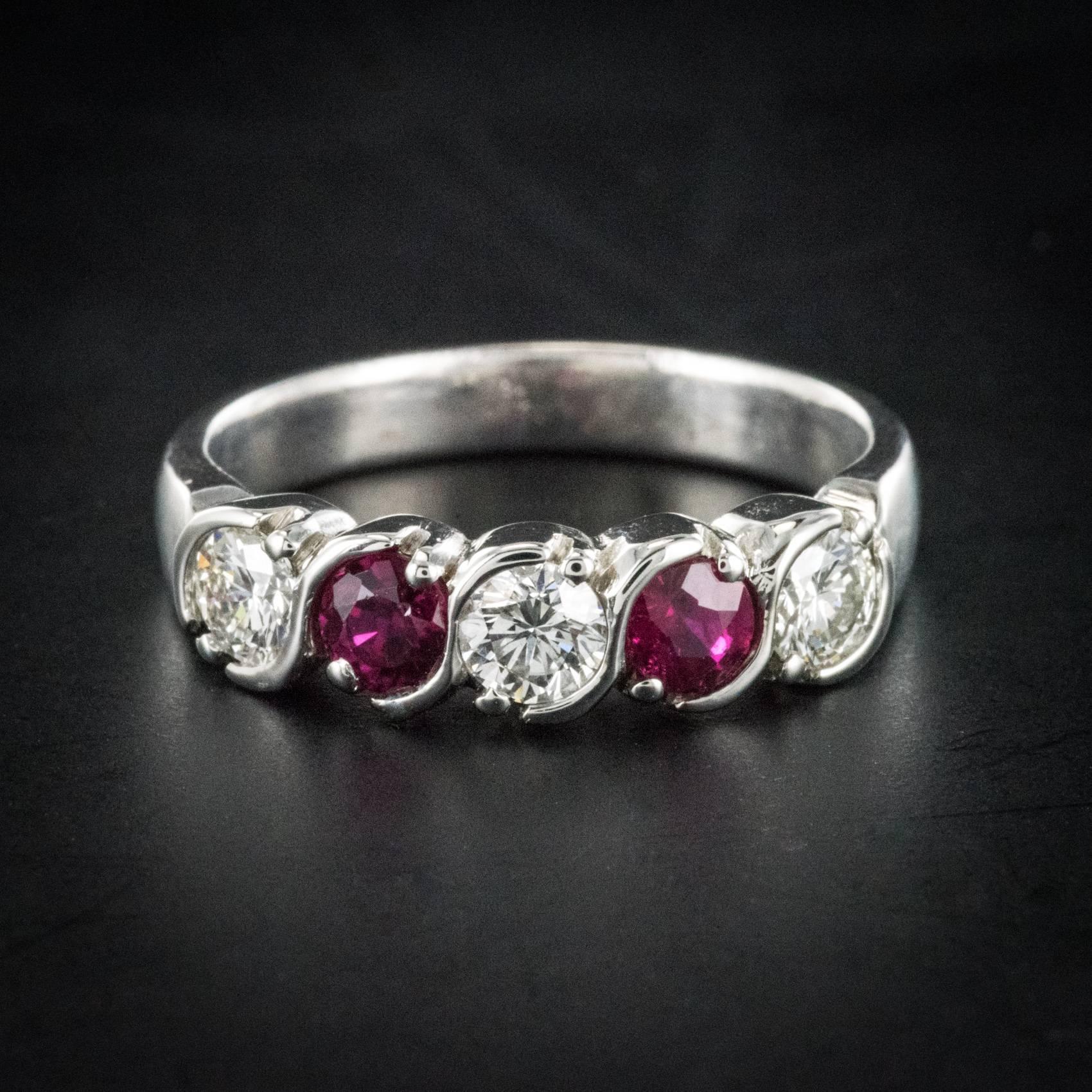 Women's Modern Diamond Ruby 18 Karat White Gold Band Ring
