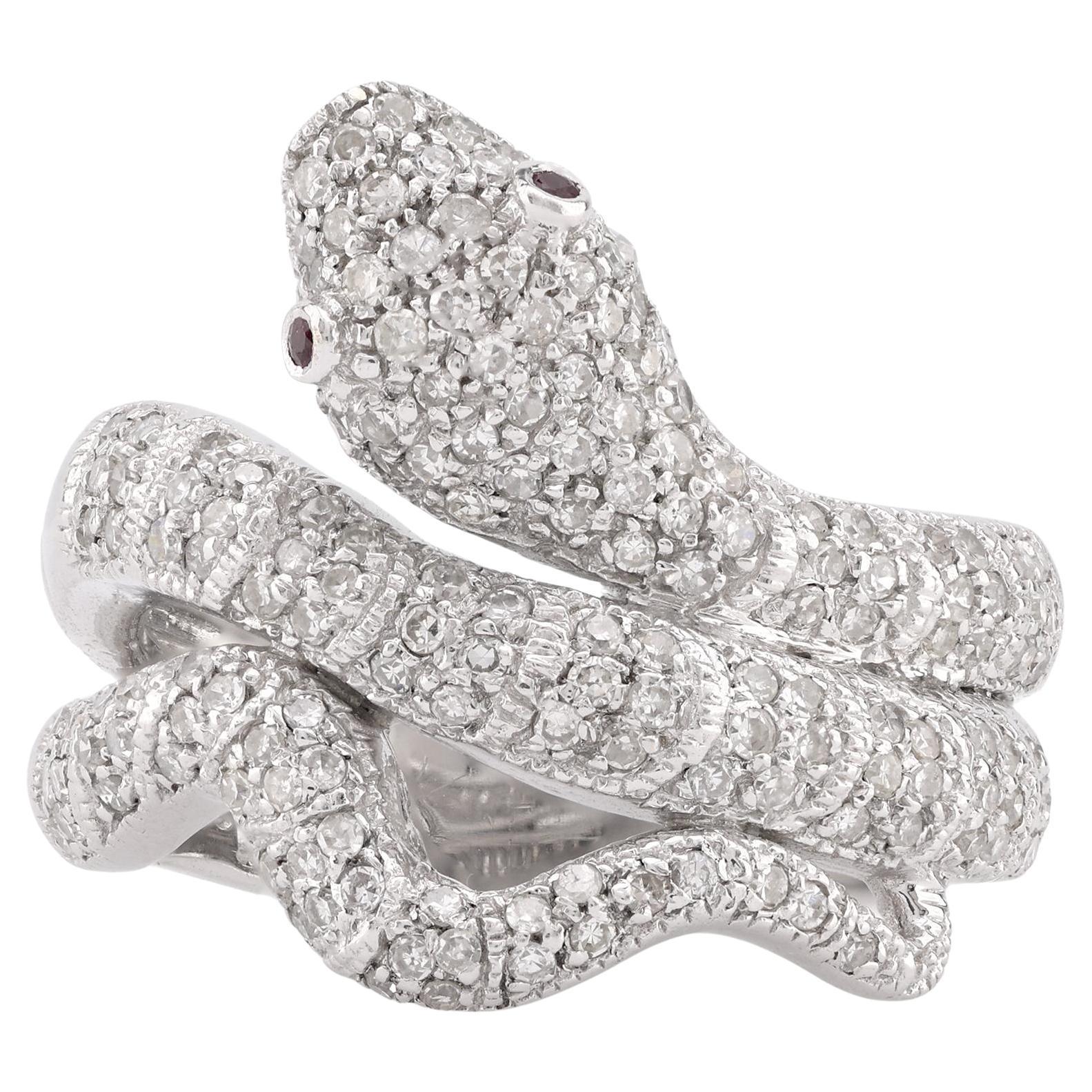Modern Diamond Ruby 18K White Gold Snake Ring