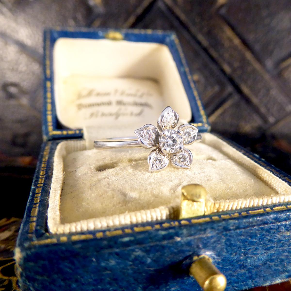 Modern Diamond Set Flower Ring in 18ct White Gold For Sale 4