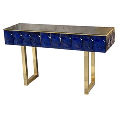 Modern Diamond Shape Blue Murano Console Table with Black Opaline Glass Top
