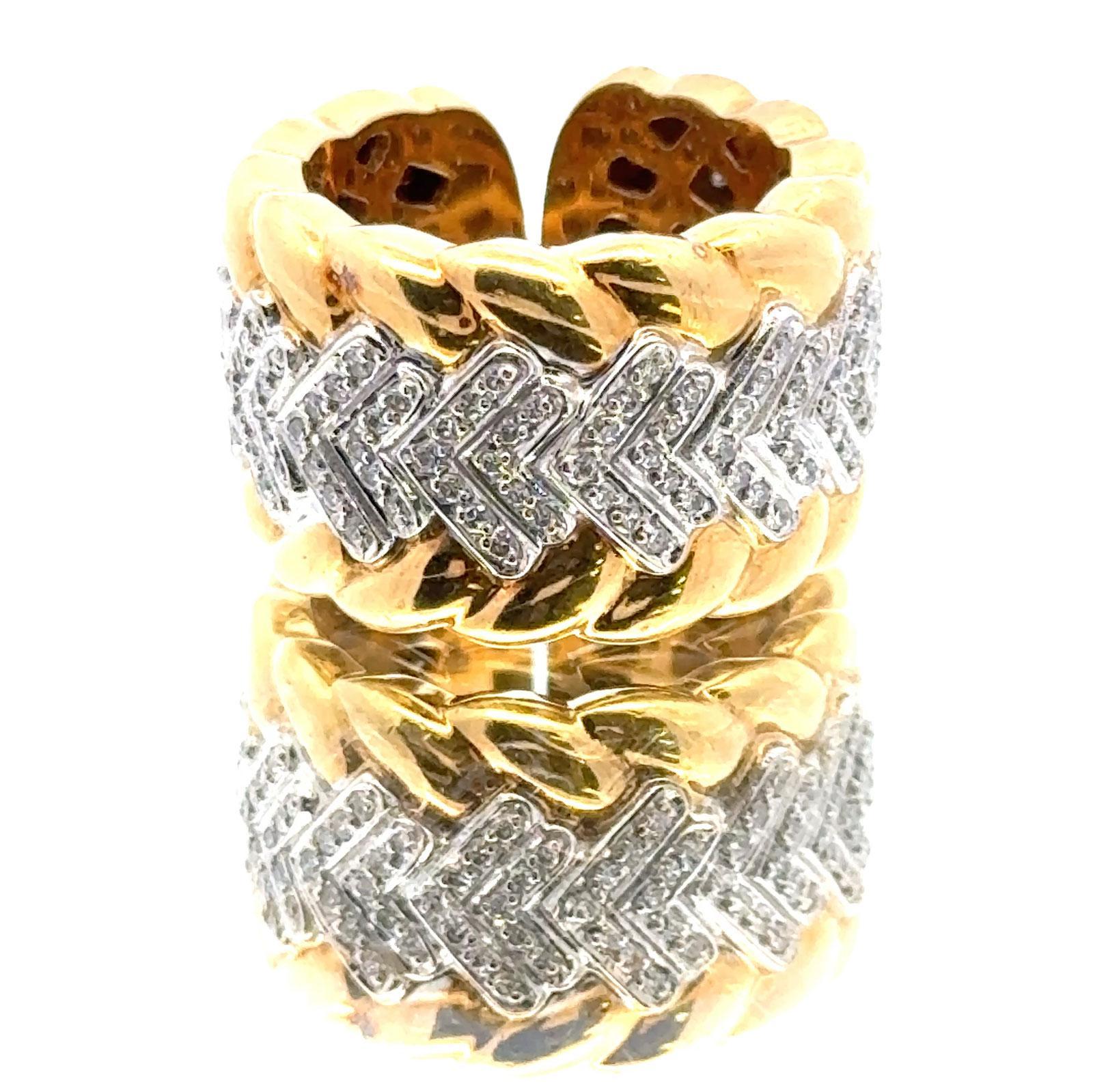 Women's Modern Diamond Textured 18 Karat Yellow Gold Wide Band Ring Size 6.5 For Sale