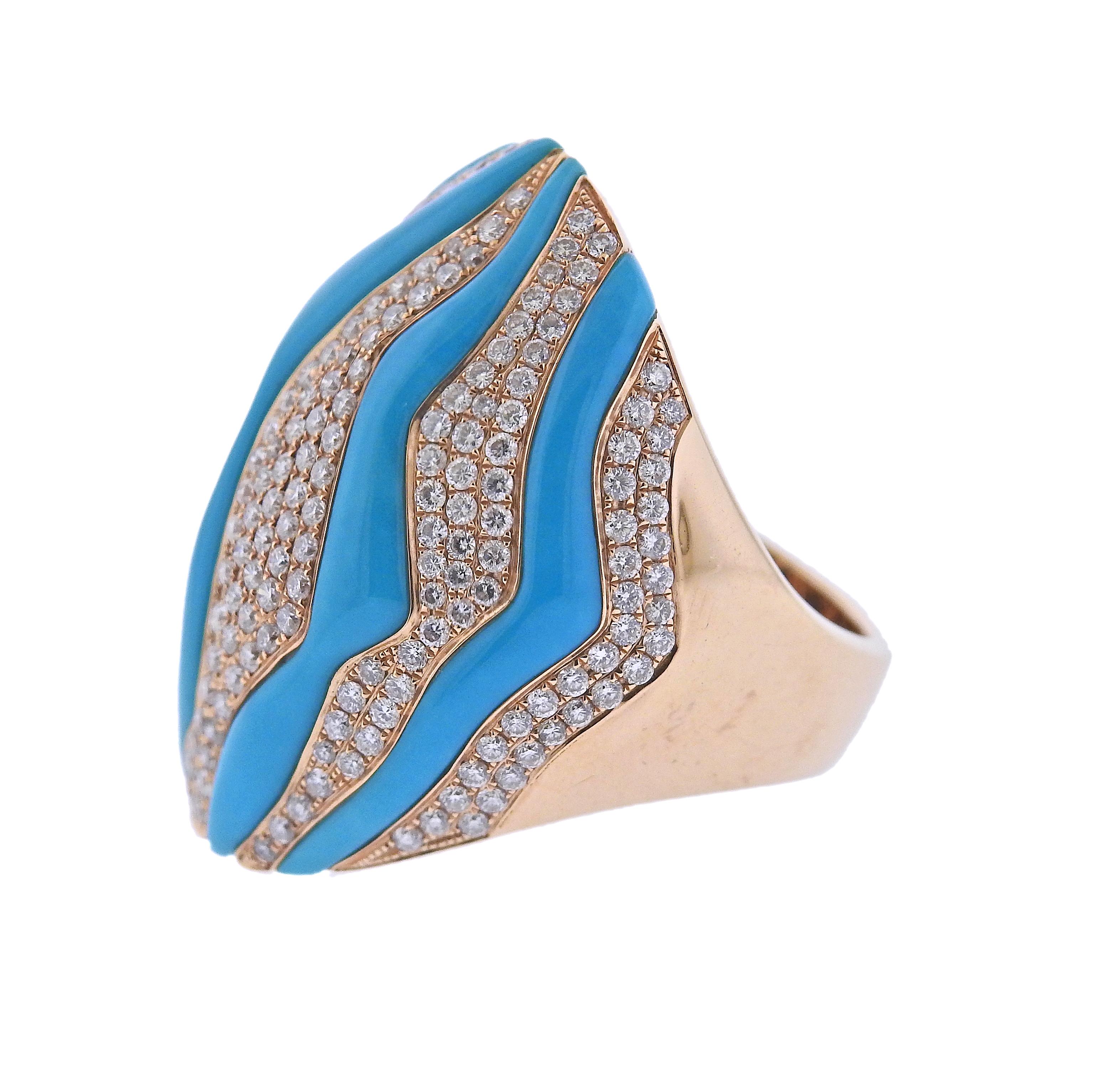 Modern 18k rose gold cocktail ring, with turquoise stripes and approx. 1.30ctw in H/Vs diamonds. Ring size - 8, ring top is 30mm wide. Marked Au750. Weight - 17.8 grams.
