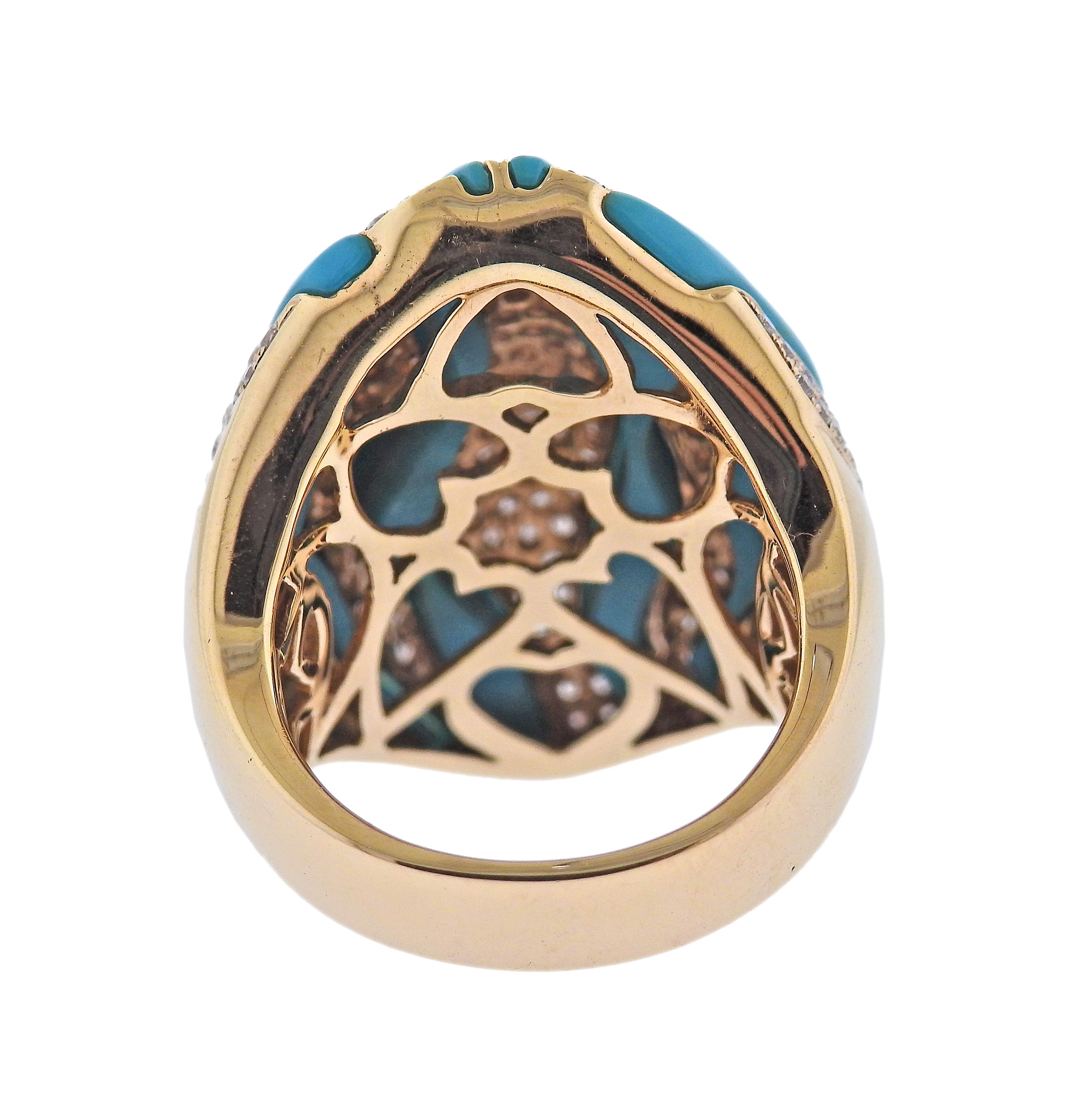 Round Cut Modern Diamond Turquoise Rose Gold Cocktail Ring For Sale