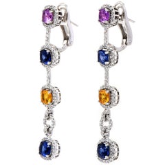 Modern Diamond Yellow Pink Sapphire 18K Gold Halo Link Dangle Earrings