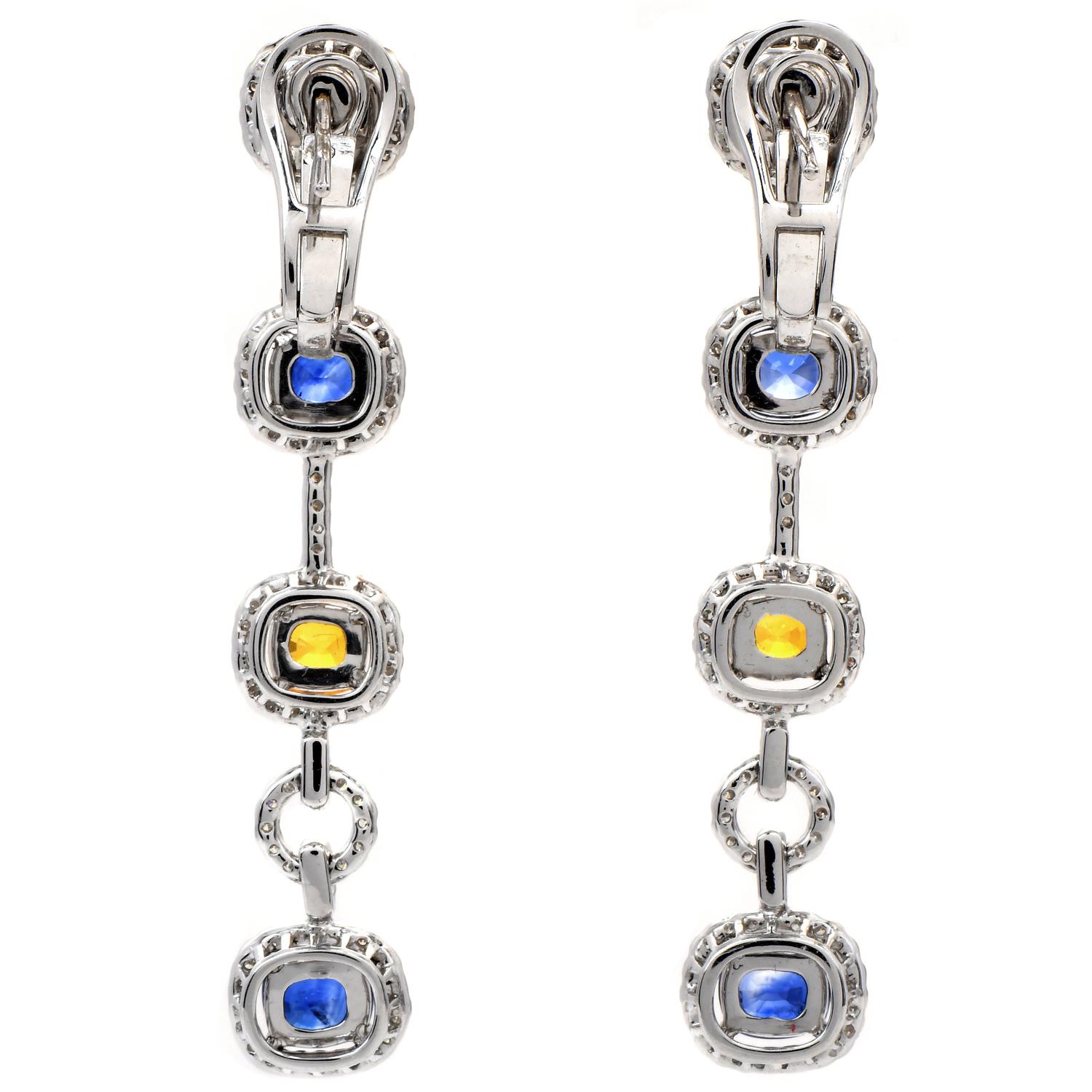 Women's Modern Diamond Yellow Pink Sapphire 18K Gold Halo Link Dangle Earrings For Sale