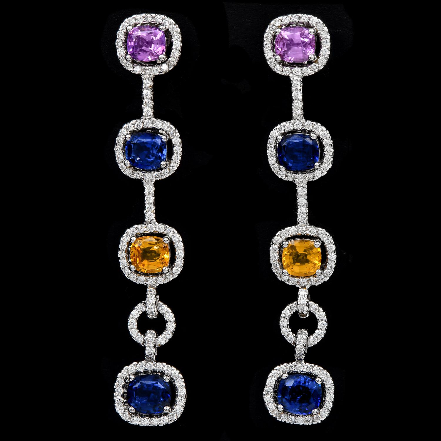 Modern Diamond Yellow Pink Sapphire 18K Gold Halo Link Dangle Earrings For Sale 1