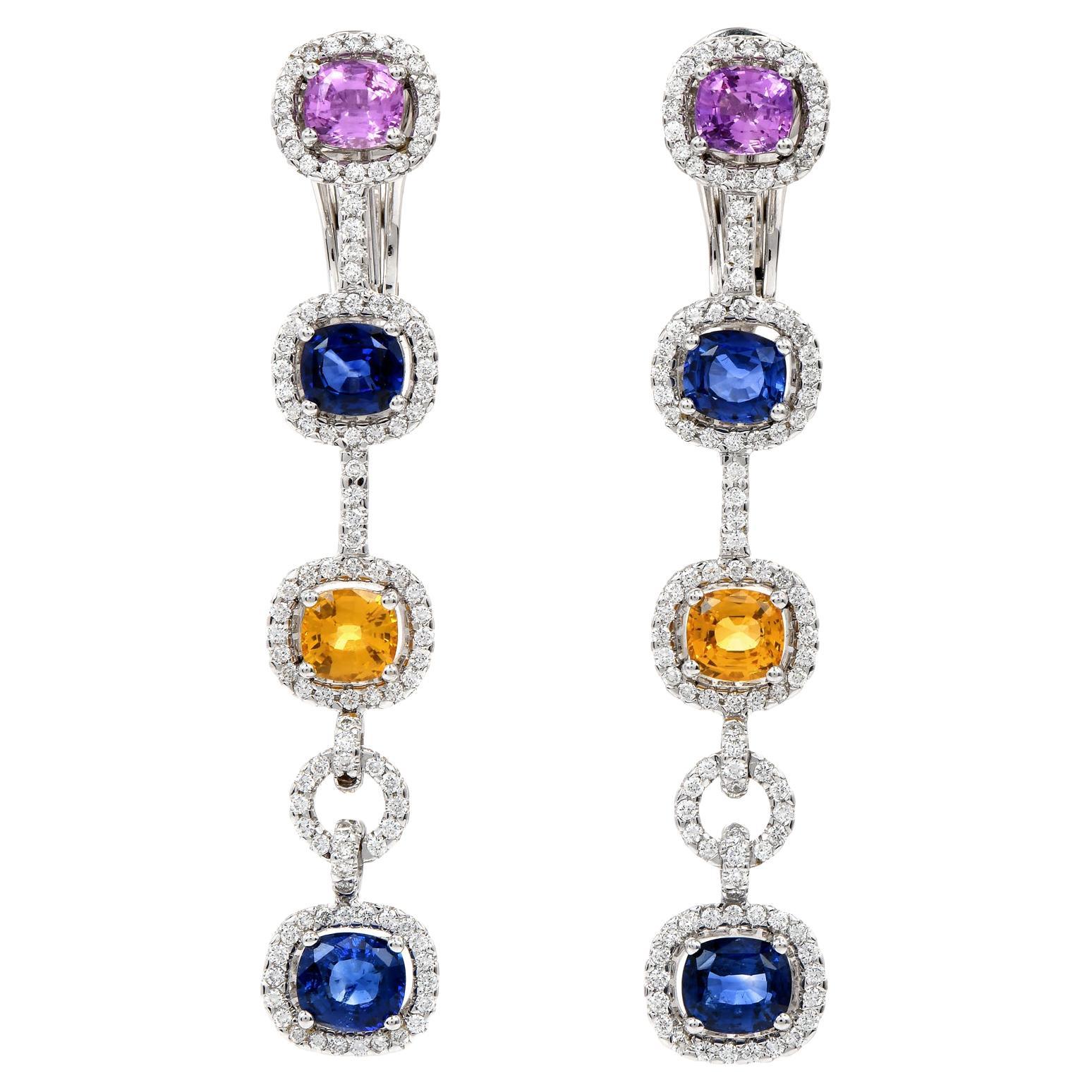 Modern Diamond Yellow Pink Sapphire 18K Gold Halo Link Dangle Earrings For Sale