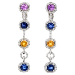 Modern Diamond Yellow Pink Sapphire 18K Gold Halo Link Dangle Earrings