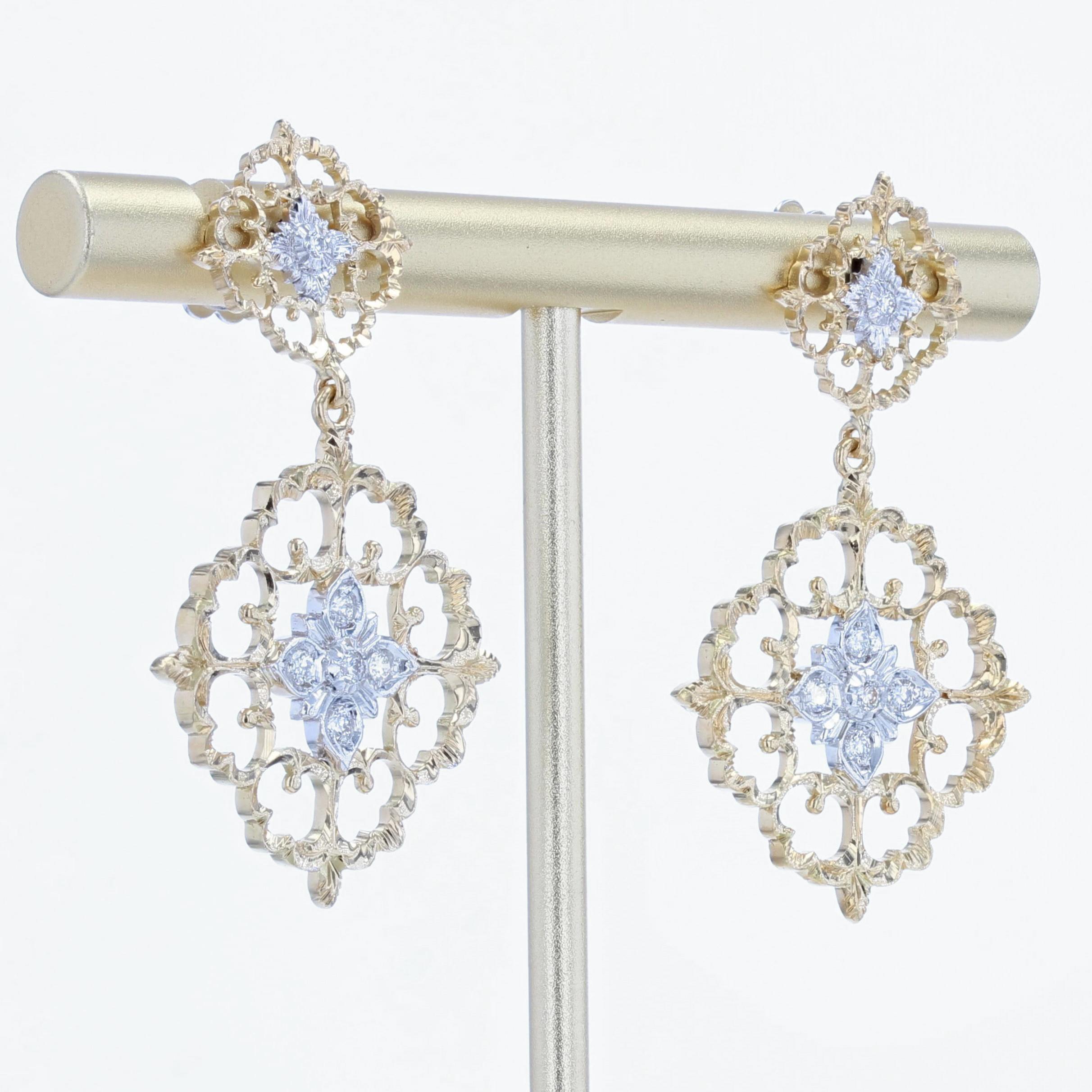 Moderne Pendants d'oreilles modernes en or jaune et blanc 18 carats avec arabesque et diamants en vente