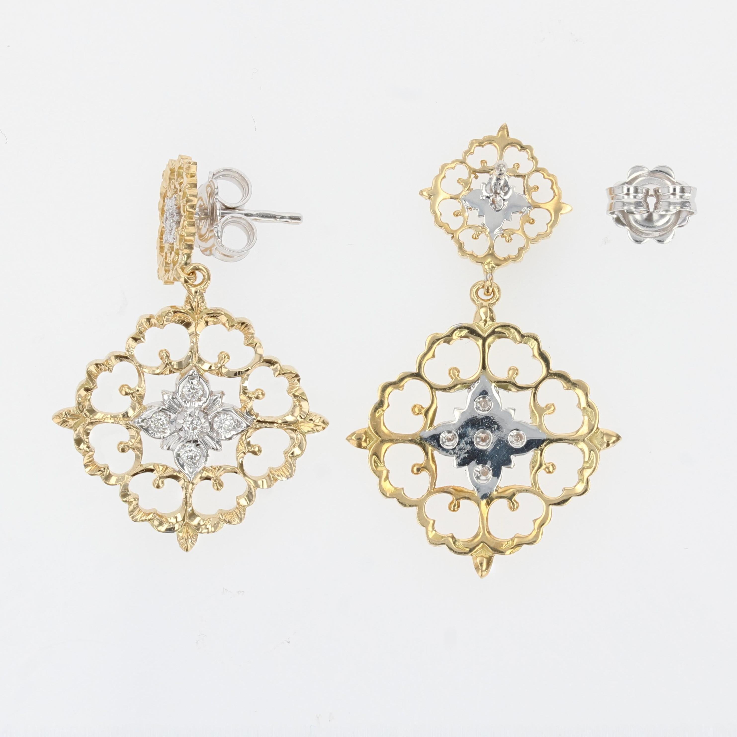 Taille brillant Pendants d'oreilles modernes en or jaune et blanc 18 carats avec arabesque et diamants en vente