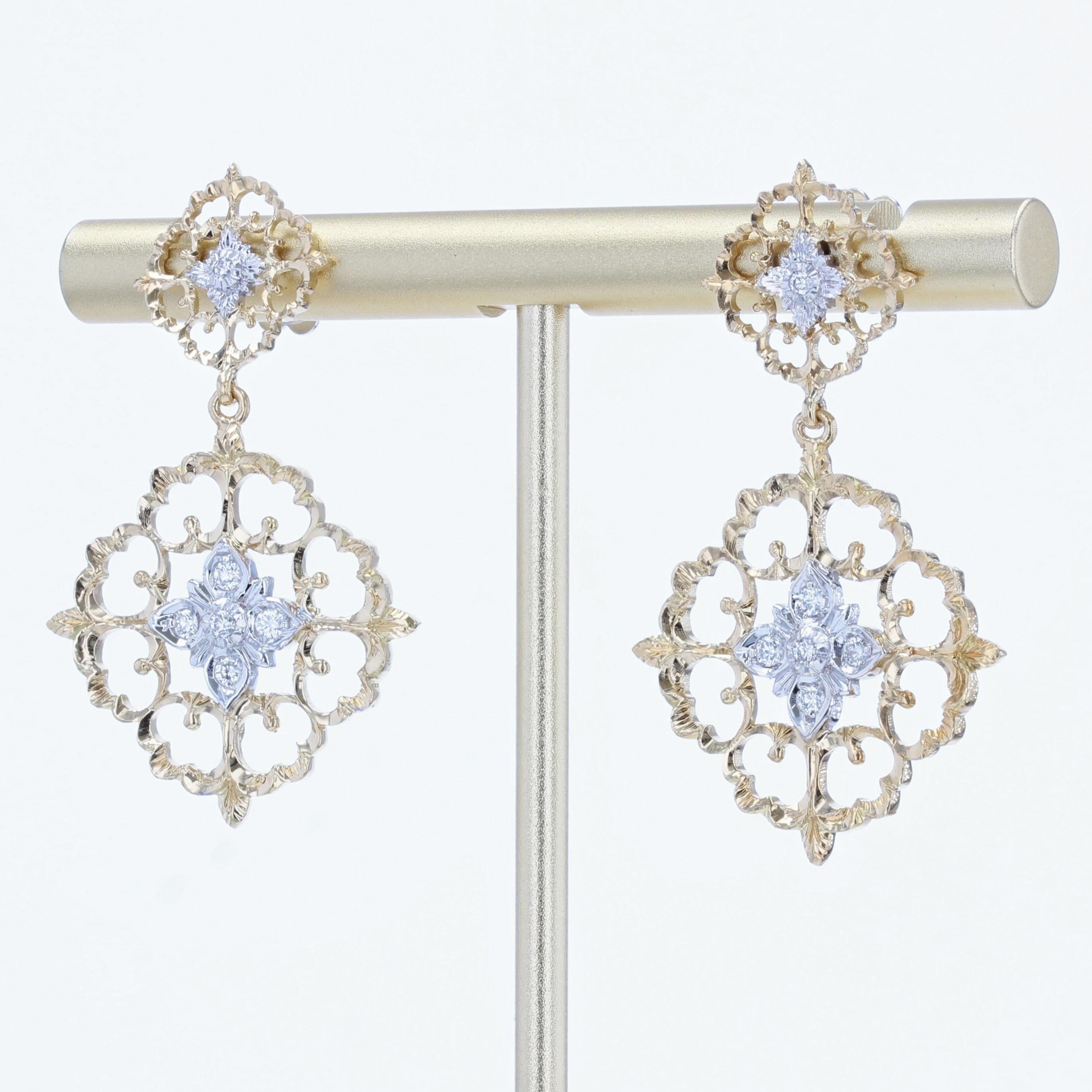 Pendants d'oreilles modernes en or jaune et blanc 18 carats avec arabesque et diamants Pour femmes en vente