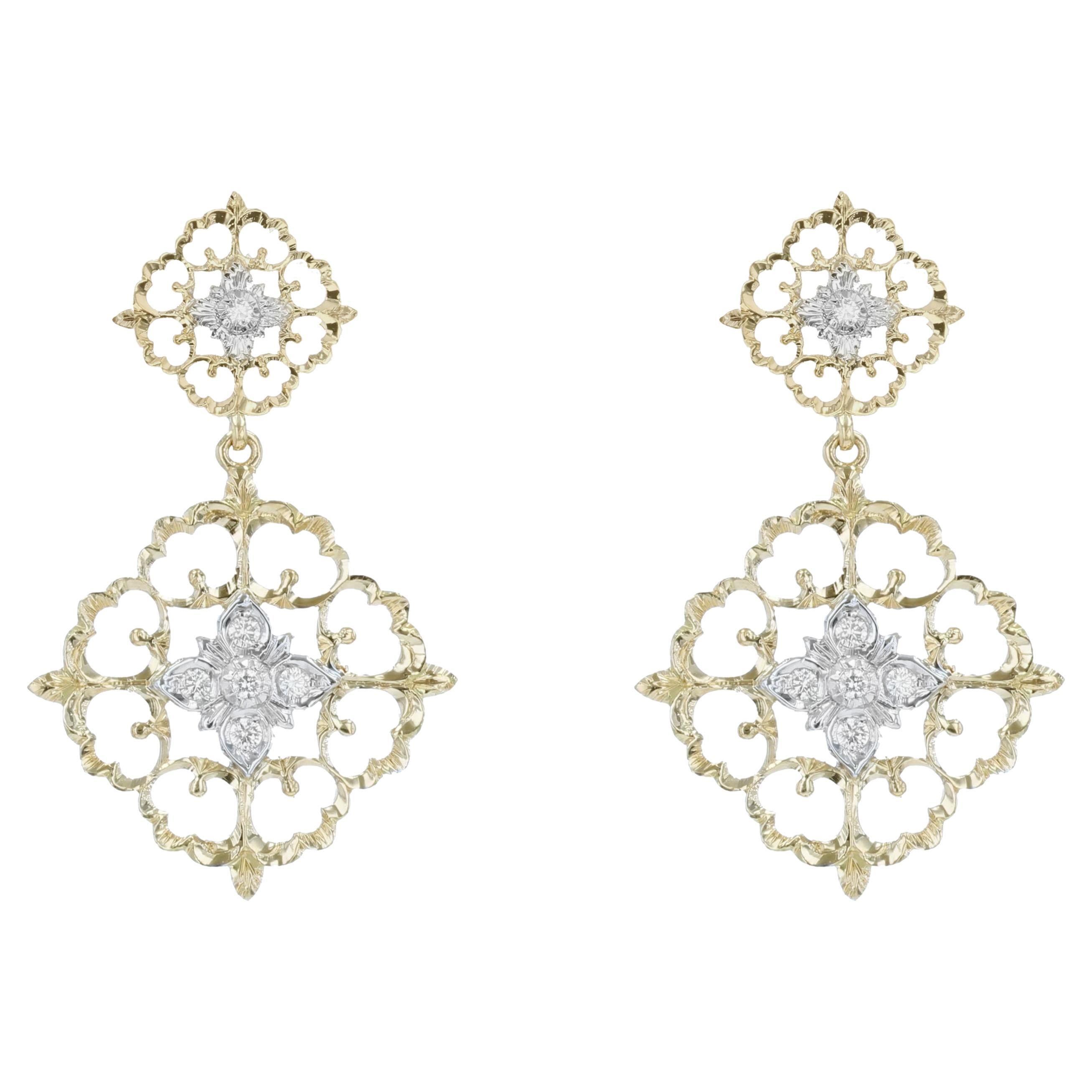 Pendants d'oreilles modernes en or jaune et blanc 18 carats avec arabesque et diamants