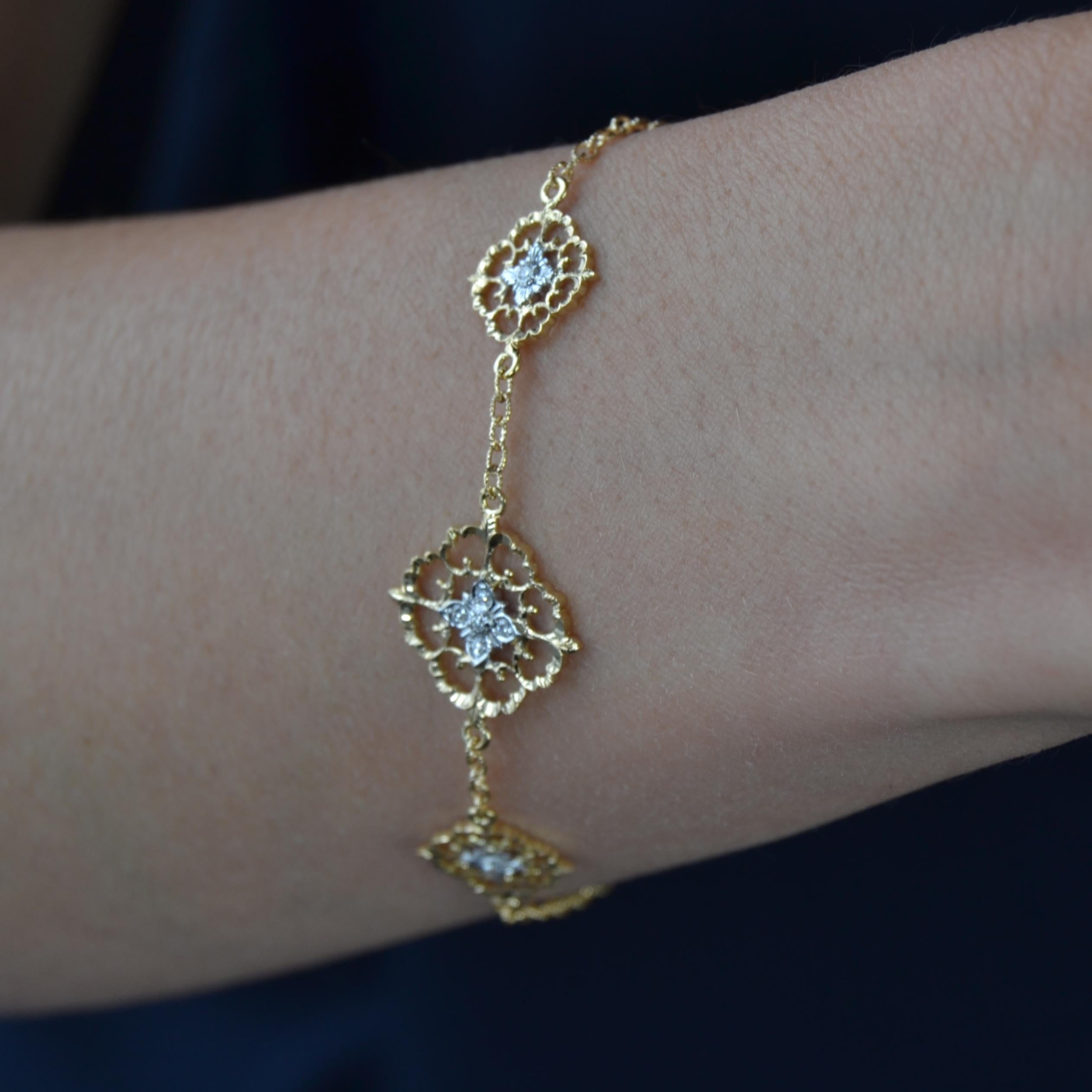 Modern Diamonds 18 Karat Yellow White Gold Arabesque Bracelet For Sale 1
