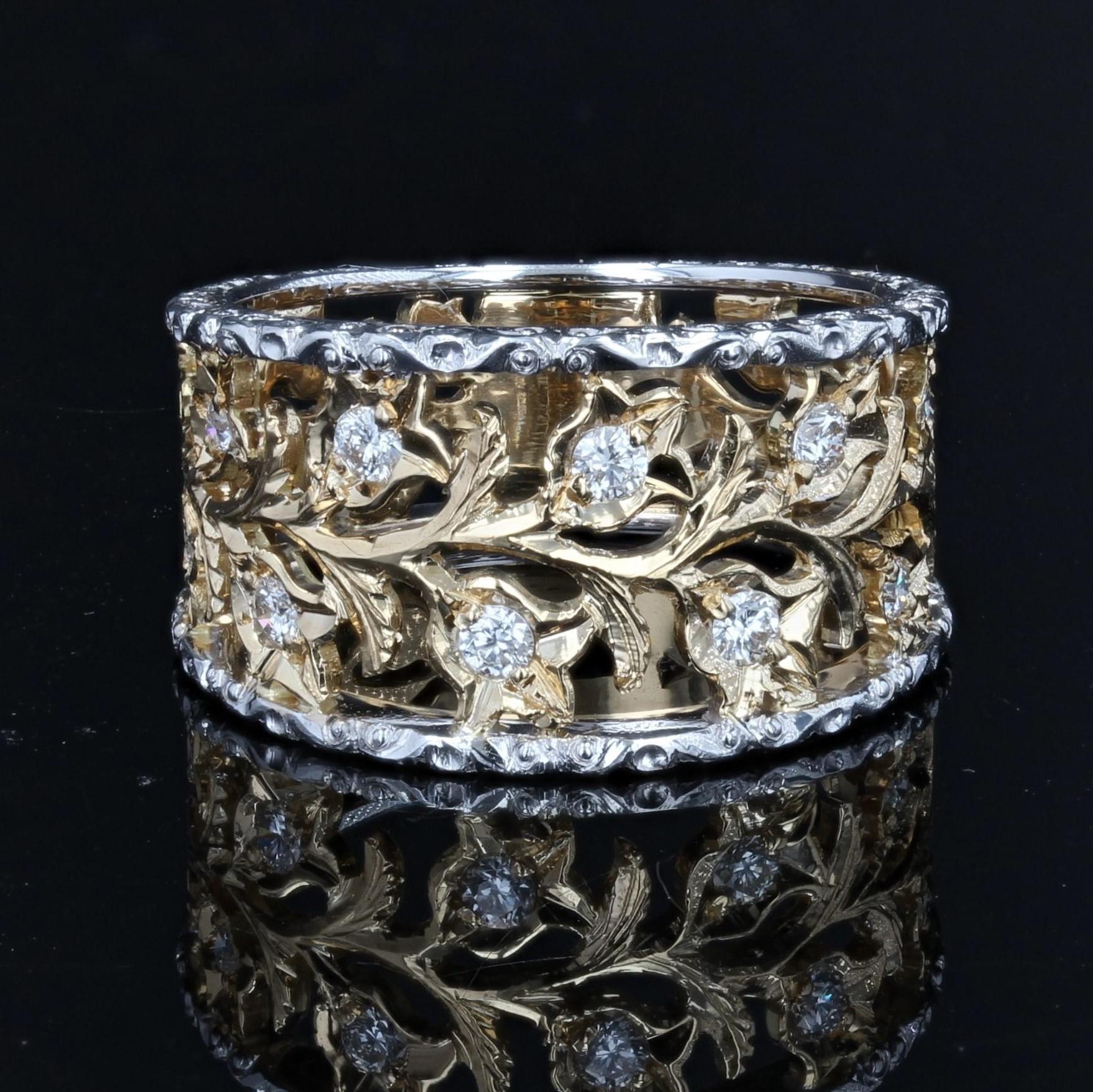 Brilliant Cut Modern Diamonds 18 Karat Yellow White Gold Floral Band Ring For Sale