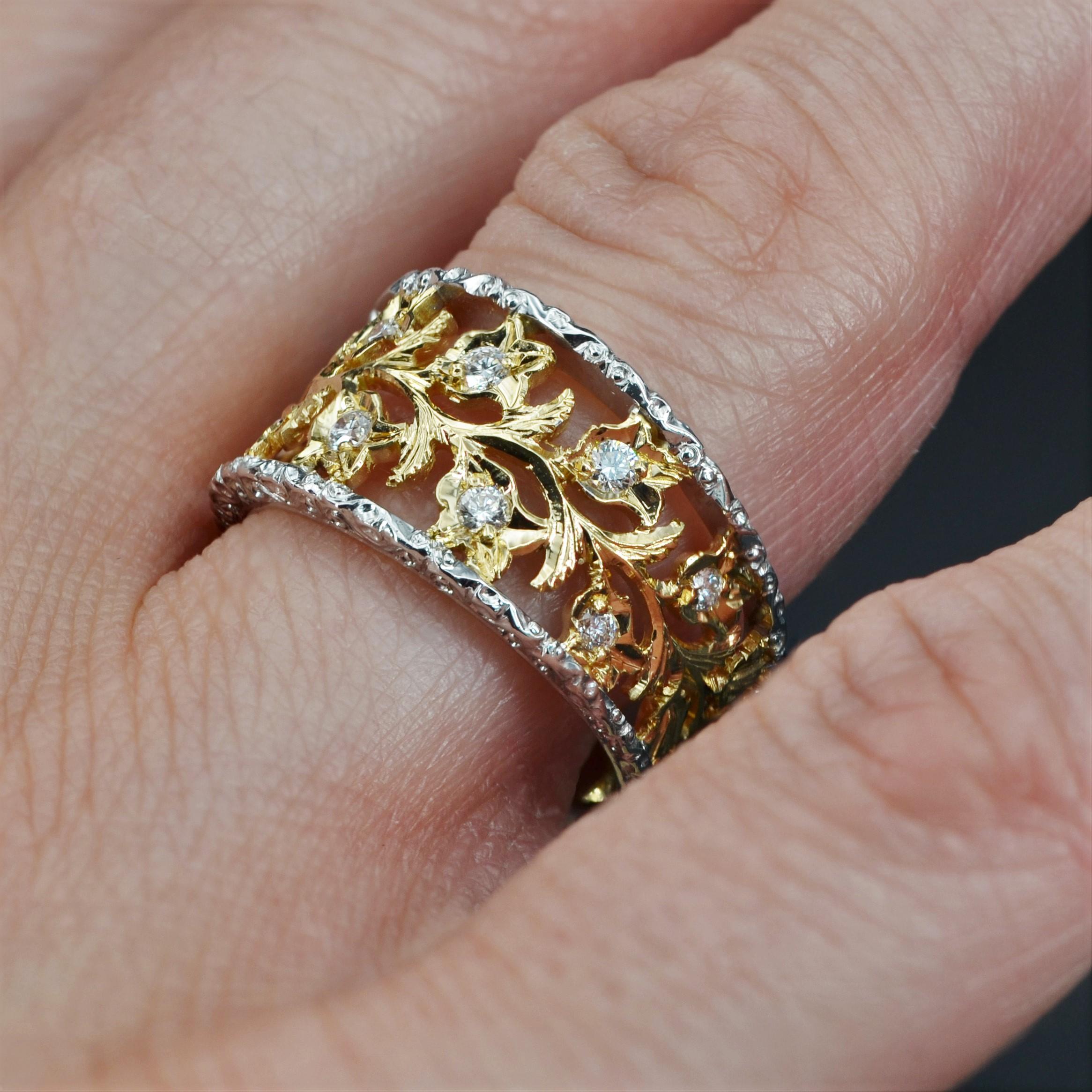 Women's Modern Diamonds 18 Karat Yellow White Gold Floral Band Ring For Sale