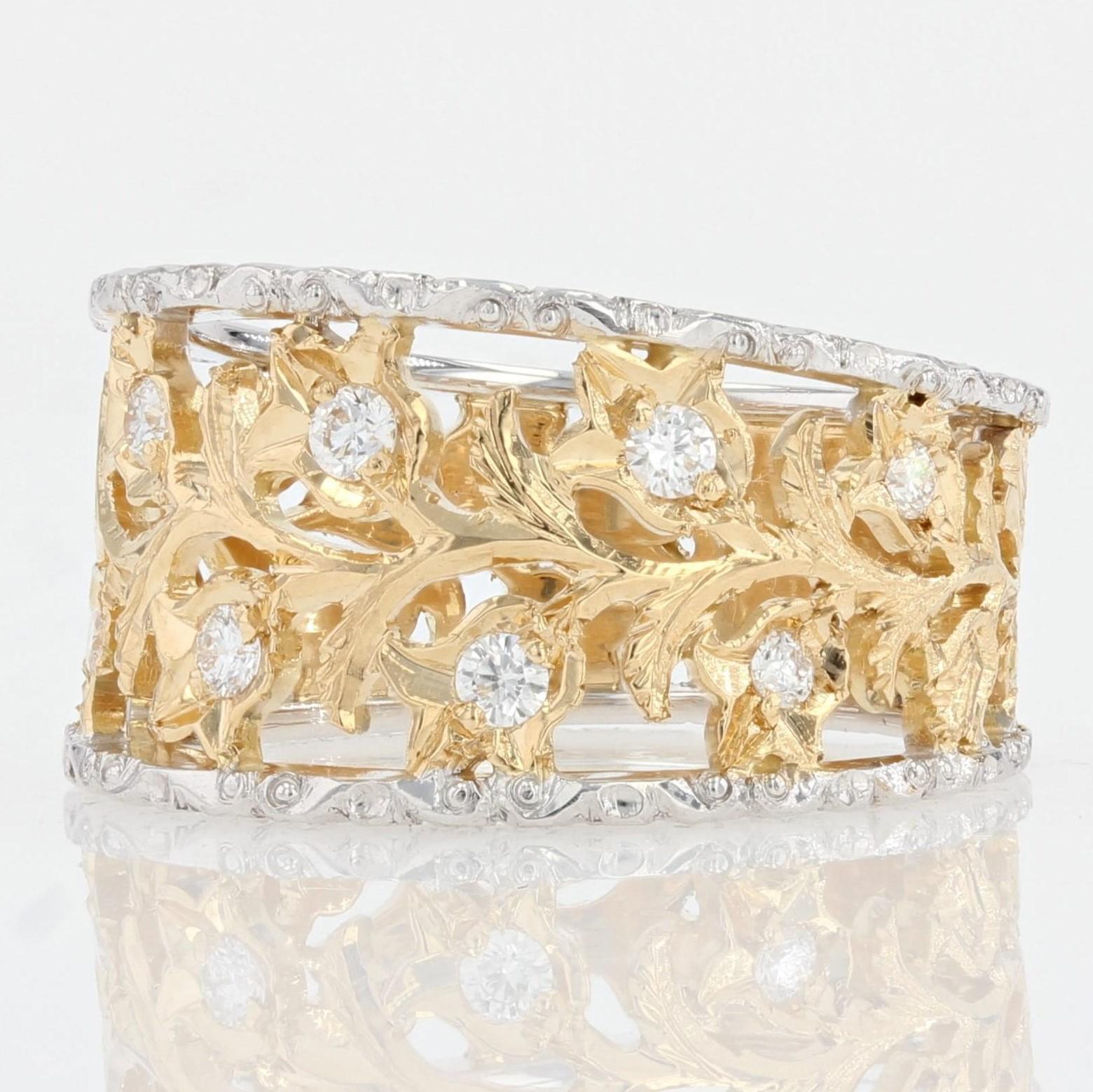 Modern Diamonds 18 Karat Yellow White Gold Floral Band Ring For Sale 1