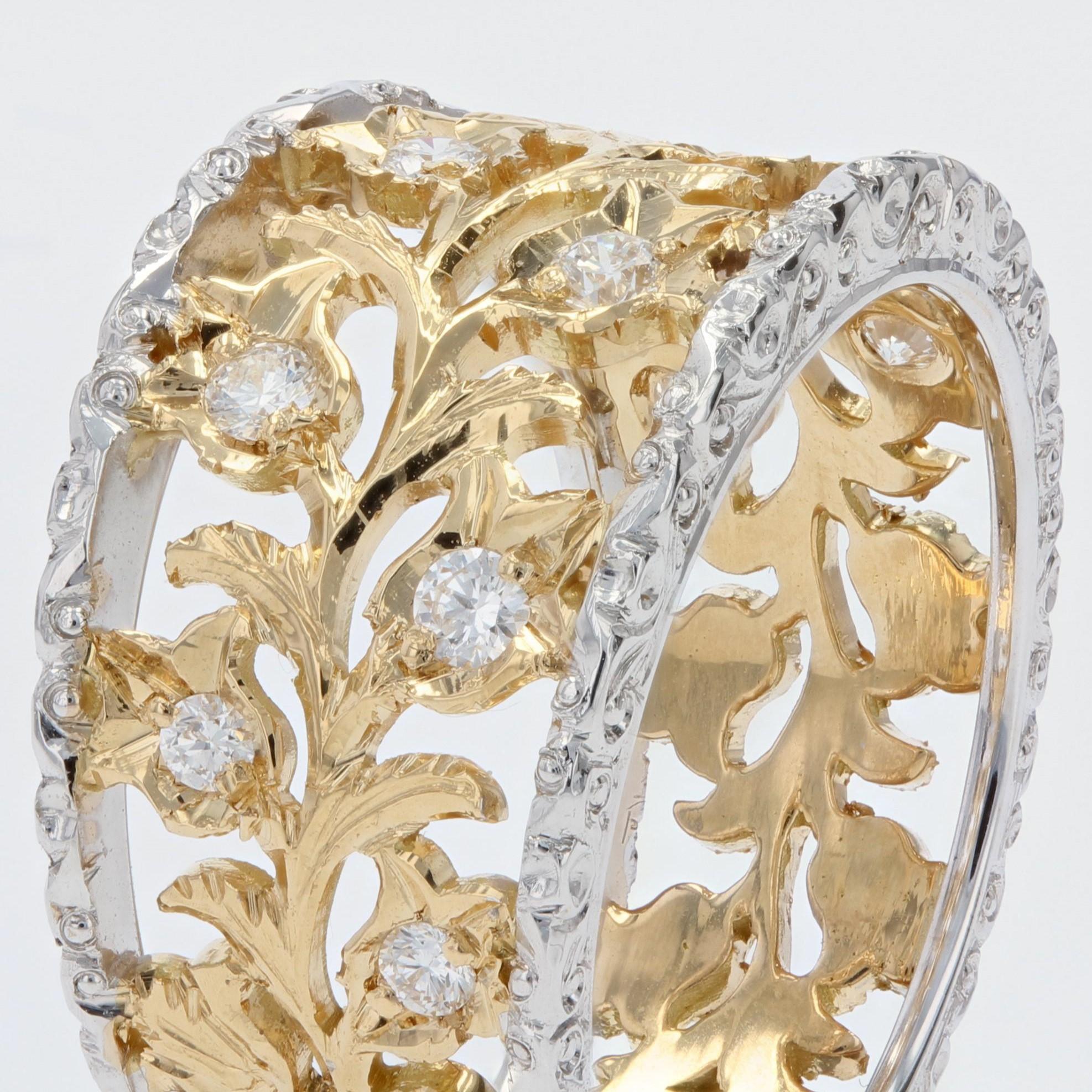 Modern Diamonds 18 Karat Yellow White Gold Floral Band Ring For Sale 2