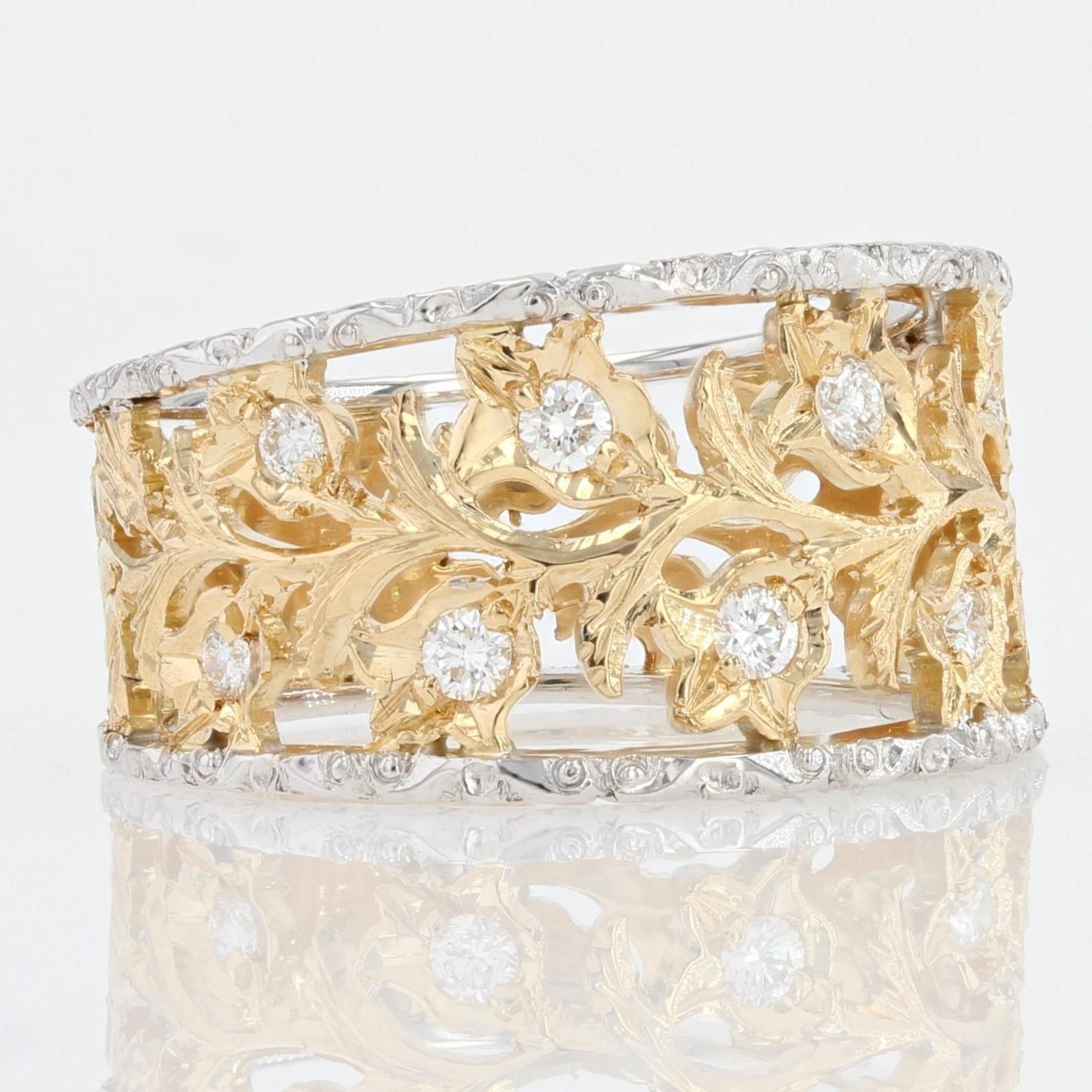 Modern Diamonds 18 Karat Yellow White Gold Floral Band Ring For Sale 3