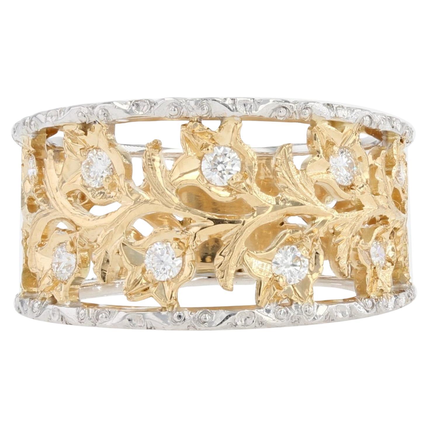 Modern Diamonds 18 Karat Yellow White Gold Floral Band Ring For Sale