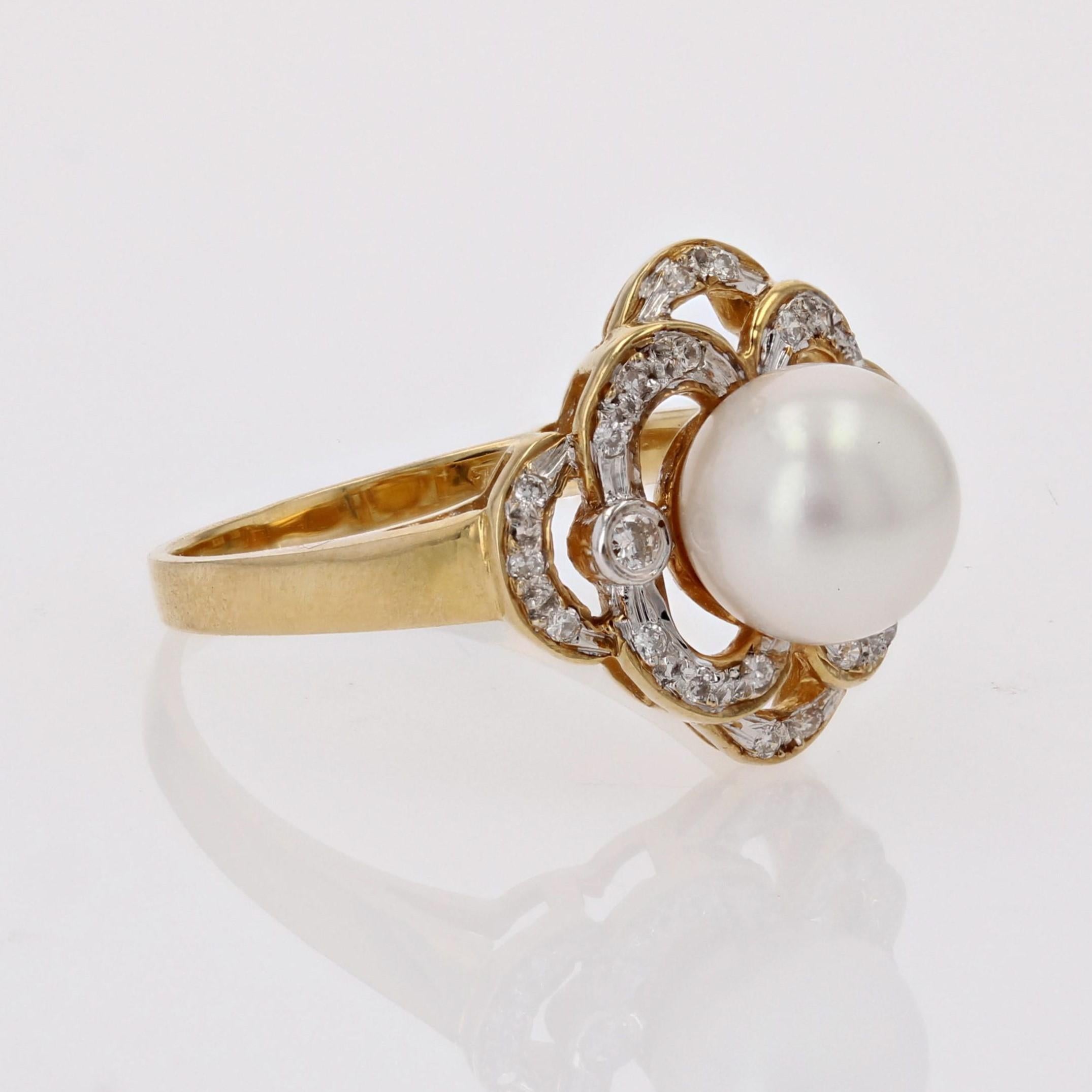 Modern Diamonds Akoya Cultured Pearl 18 Karat Yellow Gold Openwork Ring For Sale 5