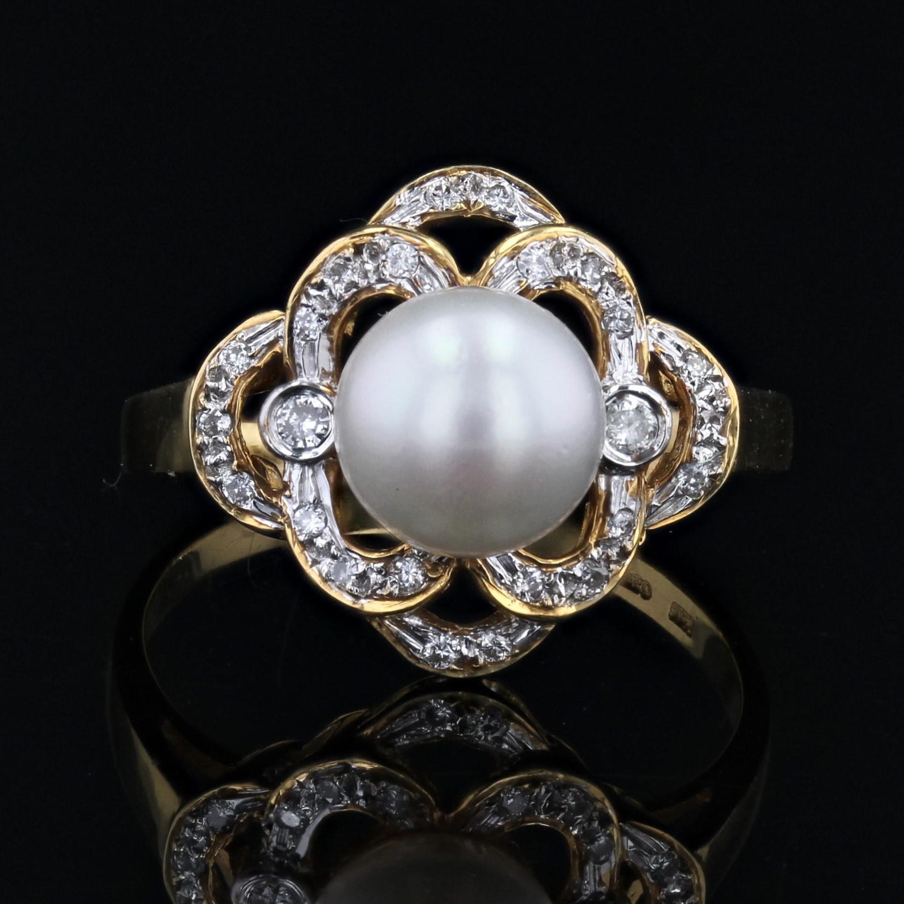Women's Modern Diamonds Akoya Cultured Pearl 18 Karat Yellow Gold Openwork Ring For Sale