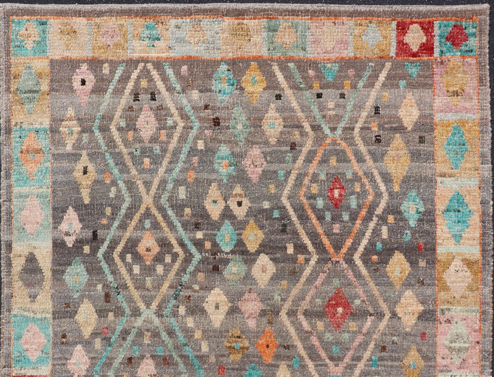 Afghan Modern Diamonds and Tribal Design Rug in Gray Background and Vivid Colors For Sale