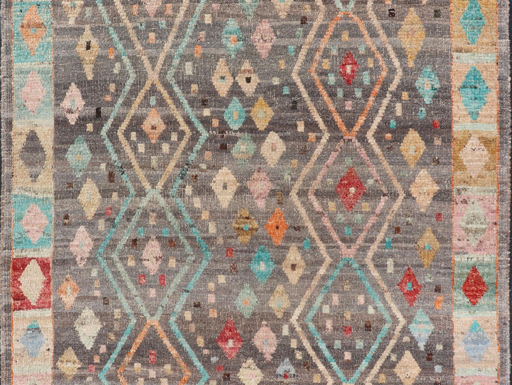 Hand-Knotted Modern Diamonds and Tribal Design Rug in Gray Background and Vivid Colors For Sale