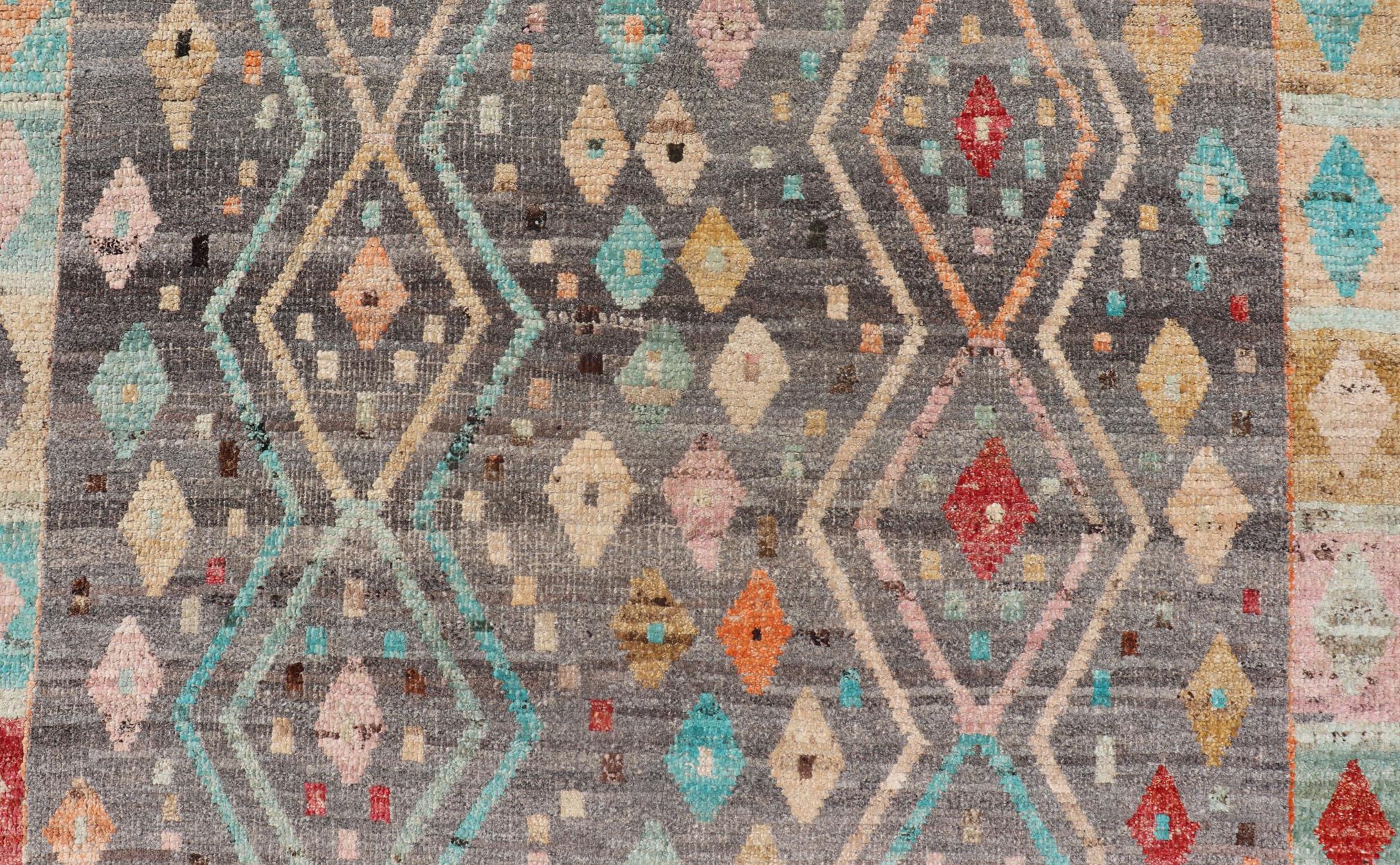Modern Diamonds and Tribal Design Rug in Gray Background and Vivid Colors For Sale 1