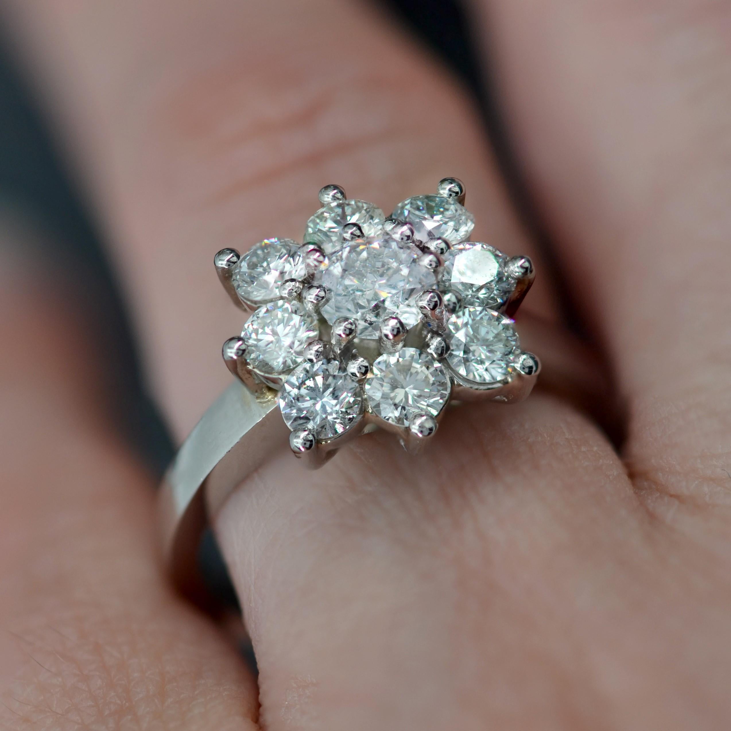 Modern Diamonds Platinum Square Engagement Daisy Ring For Sale 6
