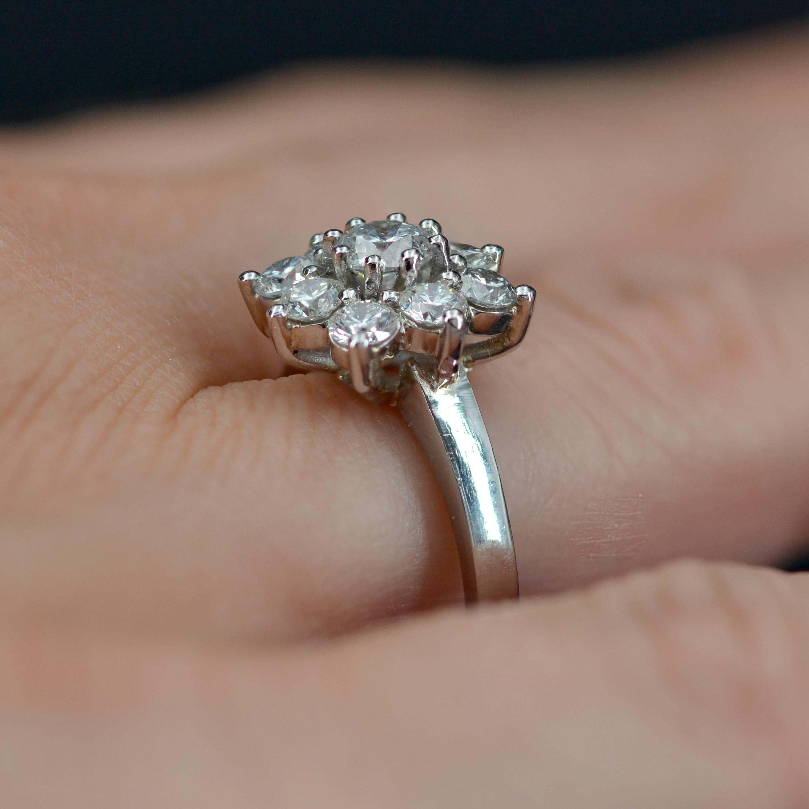 Modern Diamonds Platinum Square Engagement Daisy Ring For Sale 3