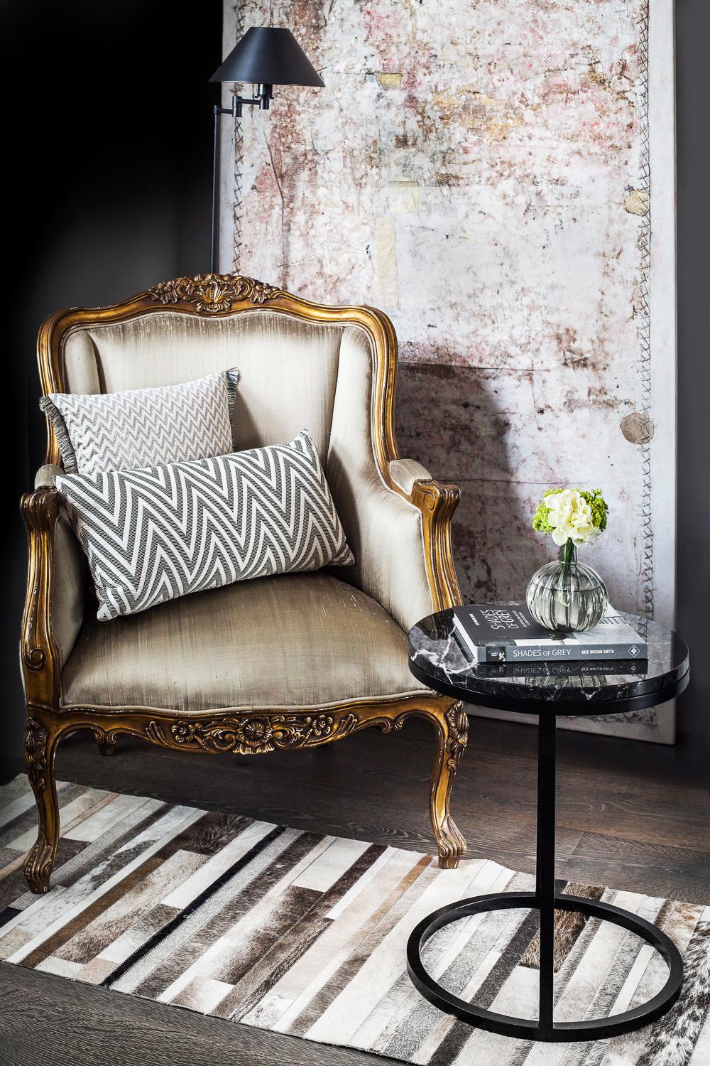 British Modern Diana Round Coffee Table in Brass Tinted and Black Marquina Marble