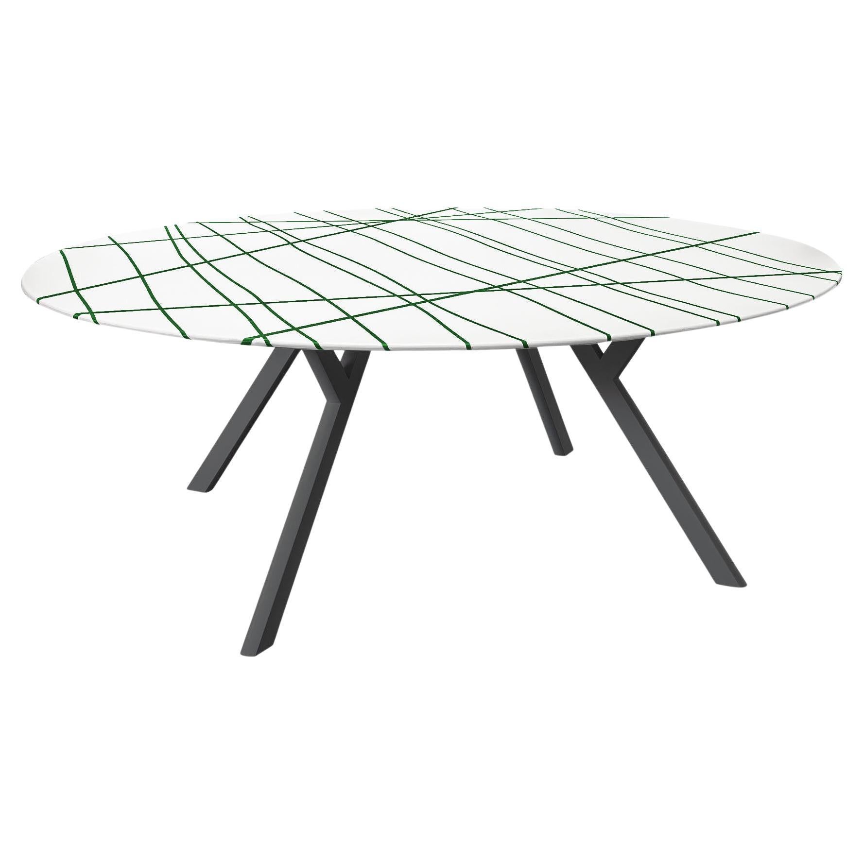 Moderner runder Dietiker Felber T14 Tisch aus Holz in maßgefertigtem grünem Zebramuster im Angebot