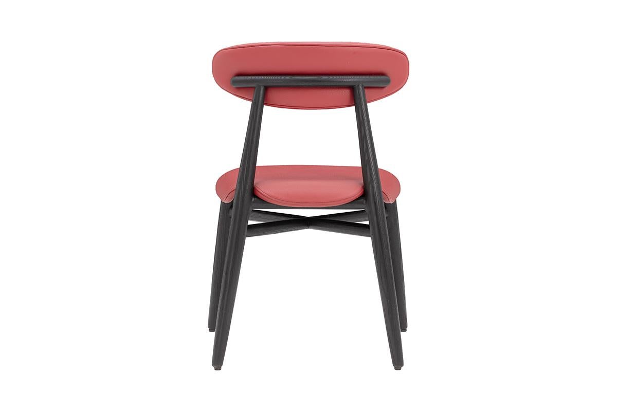 Stained Modern Dining Chair - Wood with Italian Leather Upholstery - Red For Sale
