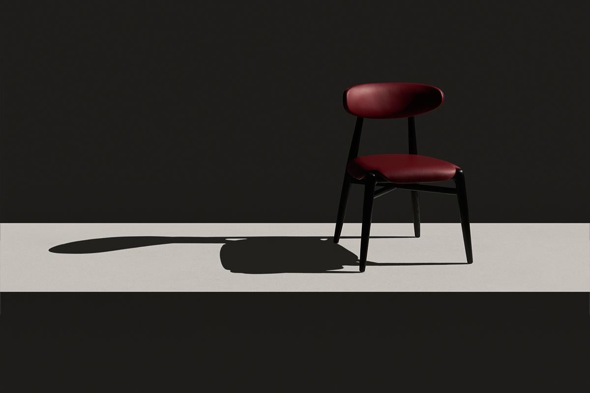 Modern Dining Chair - Wood with Italian Leather Upholstery - Red For Sale 2