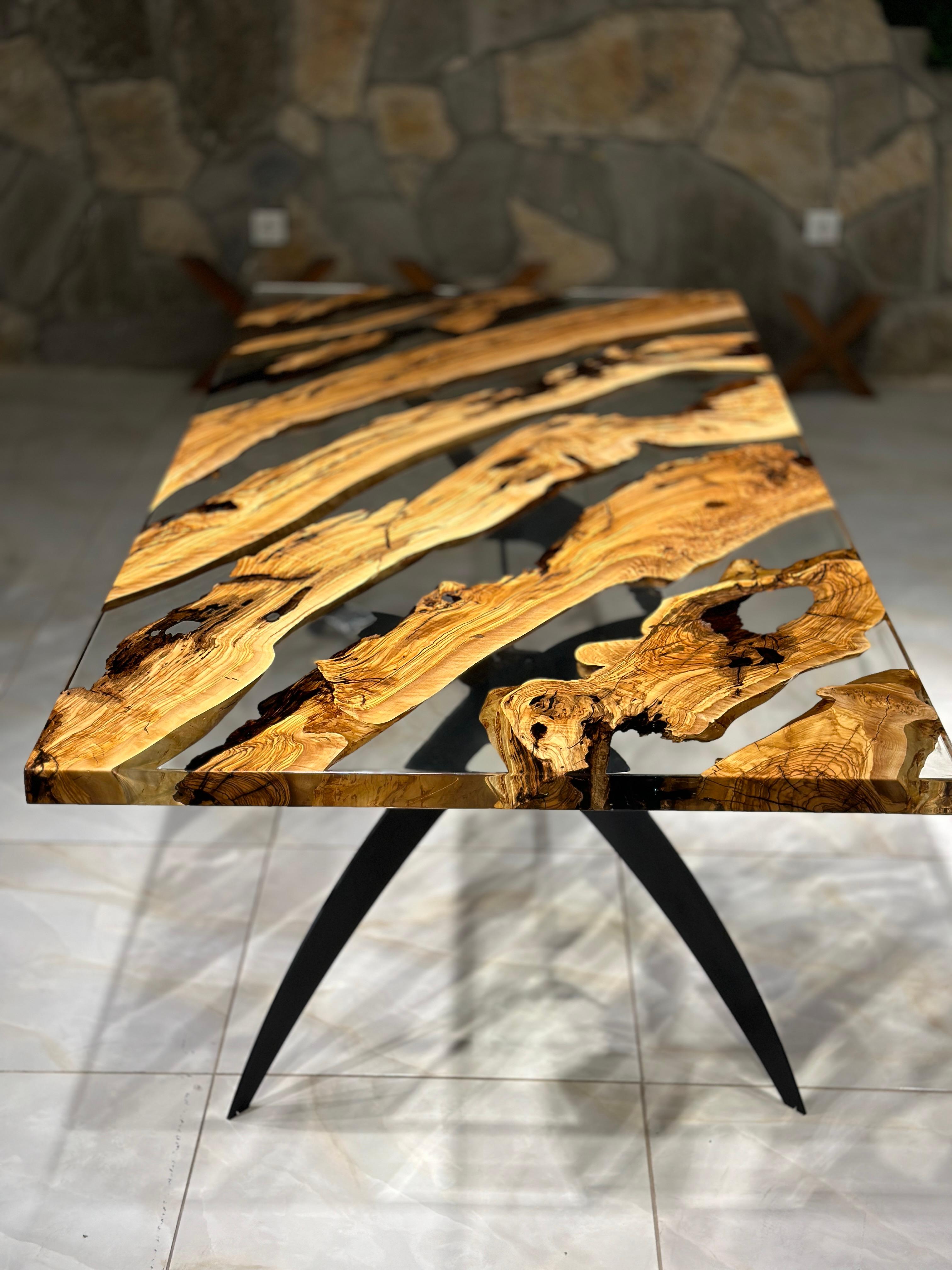 Arts and Crafts Table de salle à manger moderne en résine - Table de cuisine en bois époxy ultra clair en vente