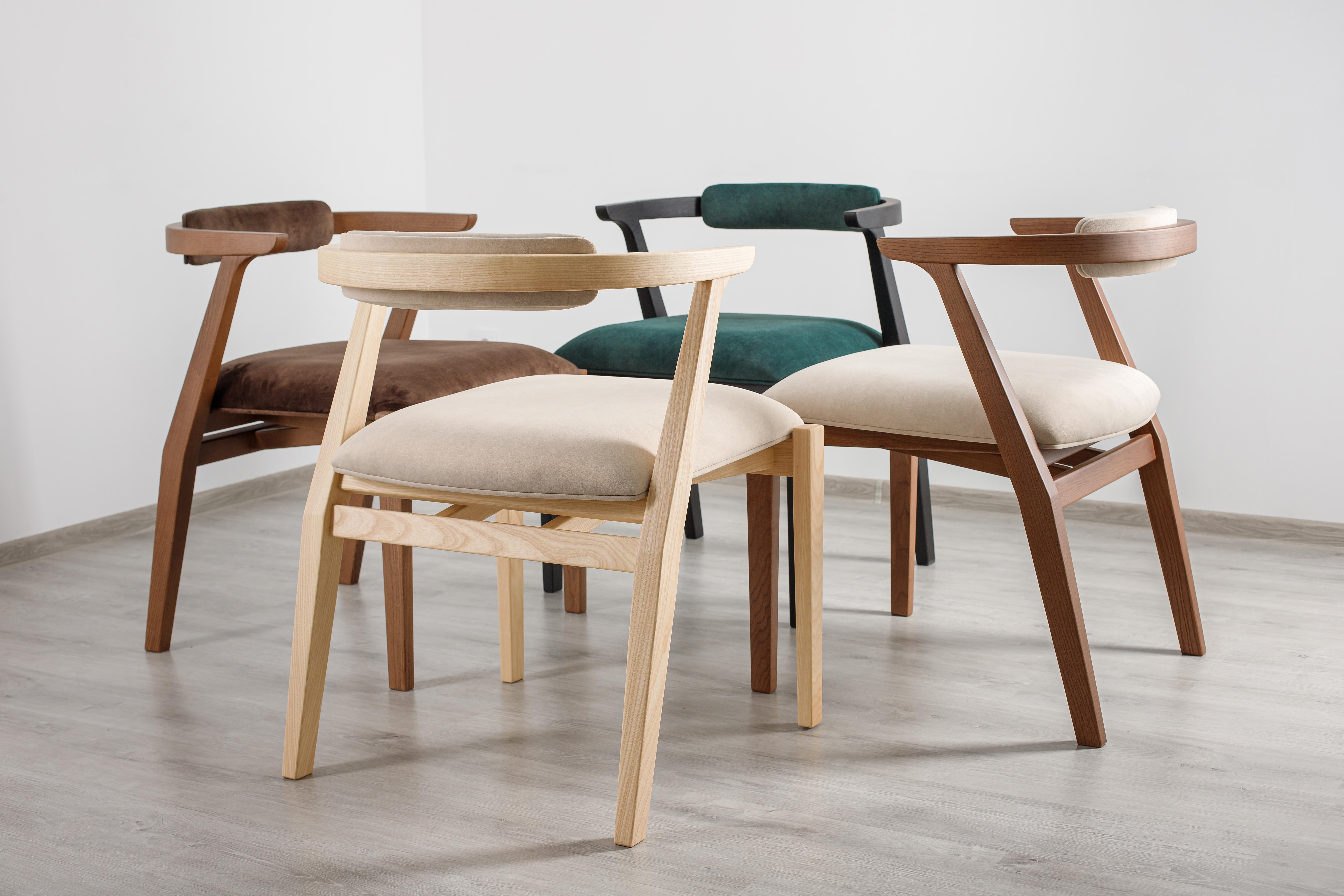 Modern Dining, Restaurant Room Chairs in Brown Solid Wood and Beige Material For Sale 9