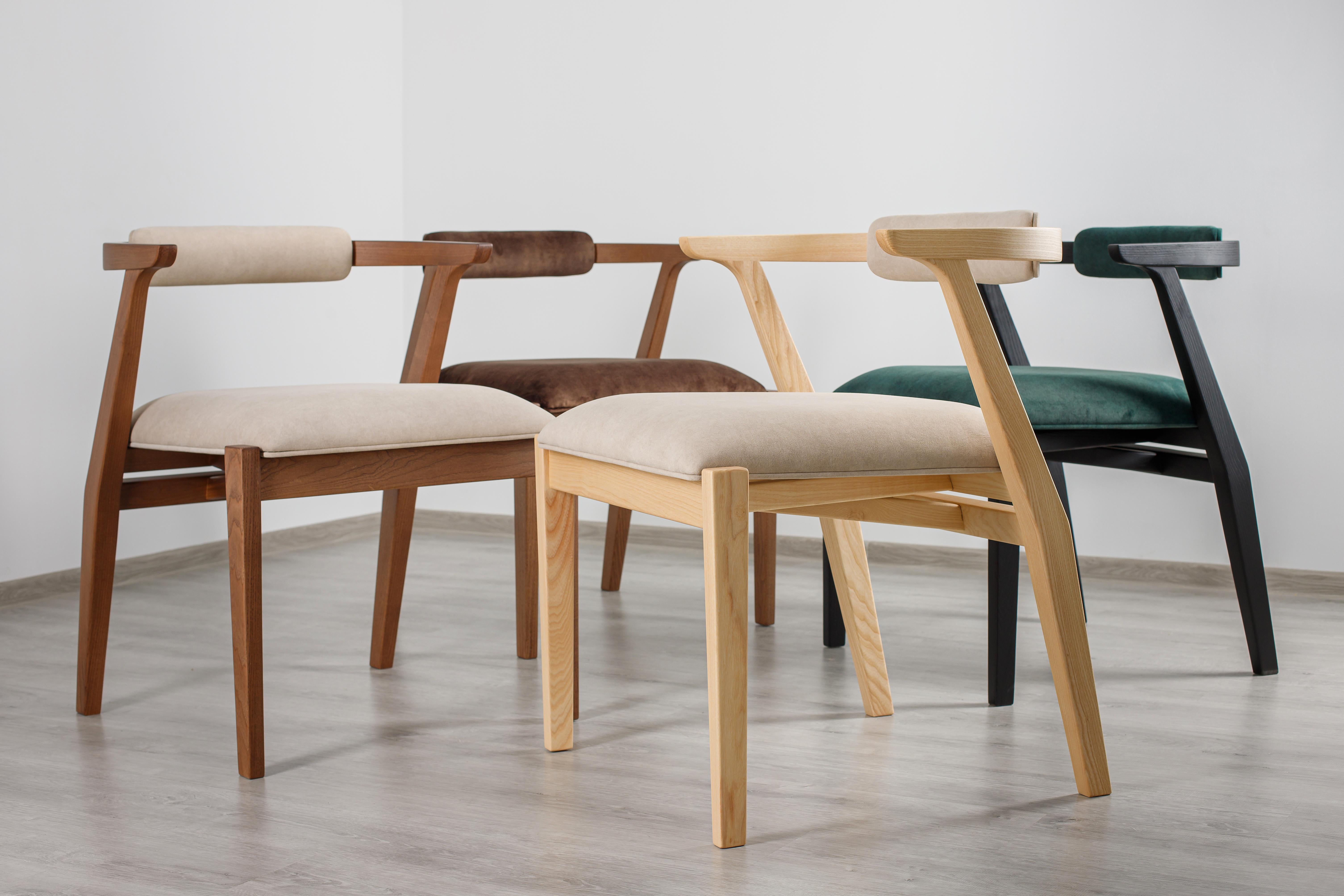 Modern Dining, Restaurant Room Chairs in Brown Solid Wood and Beige Material For Sale 10