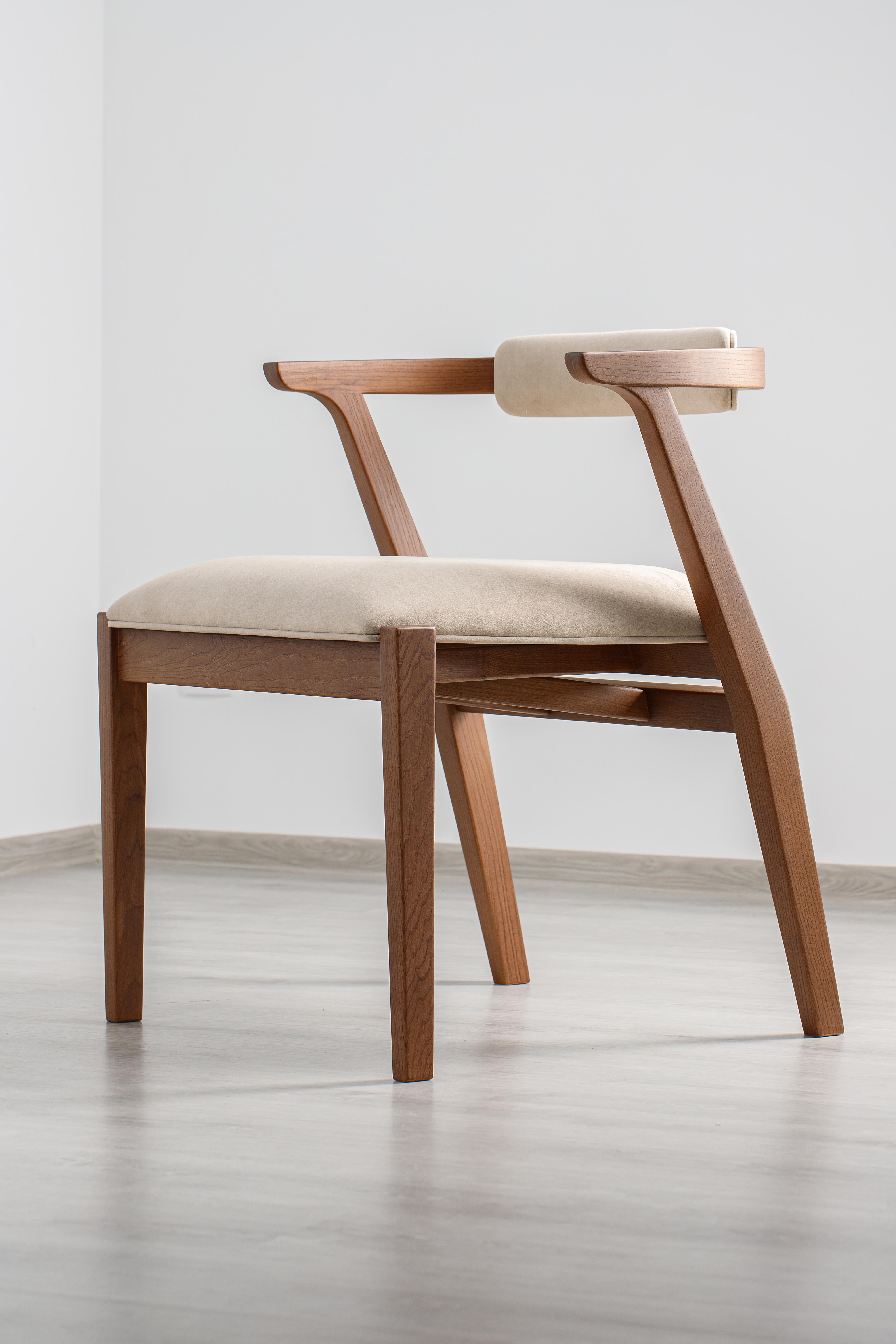 Mid-Century Modern Modern Dining, Restaurant Room Chairs in Brown Solid Wood and Beige Material For Sale