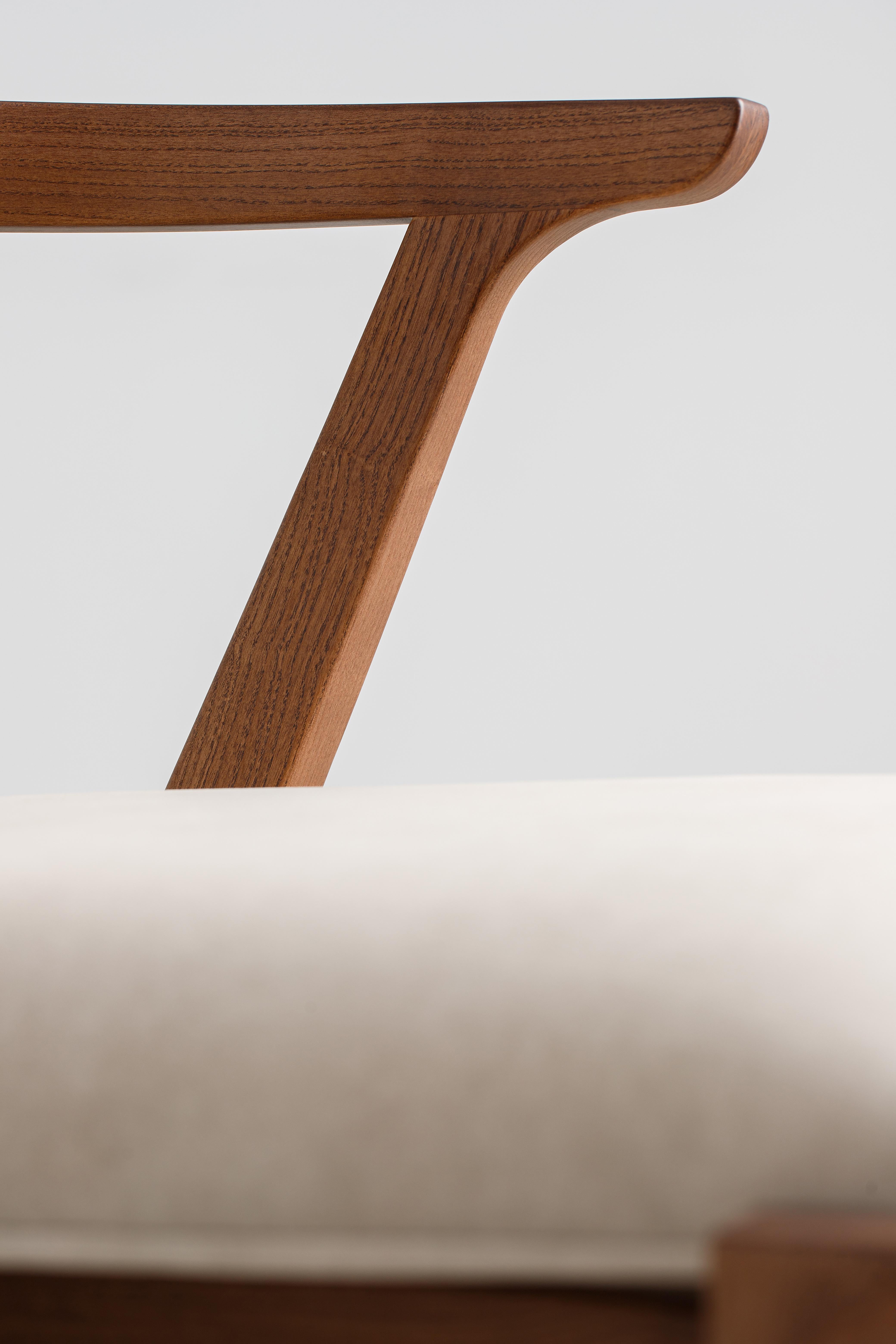 Hand-Carved Modern Dining, Restaurant Room Chairs in Brown Solid Wood and Beige Material For Sale