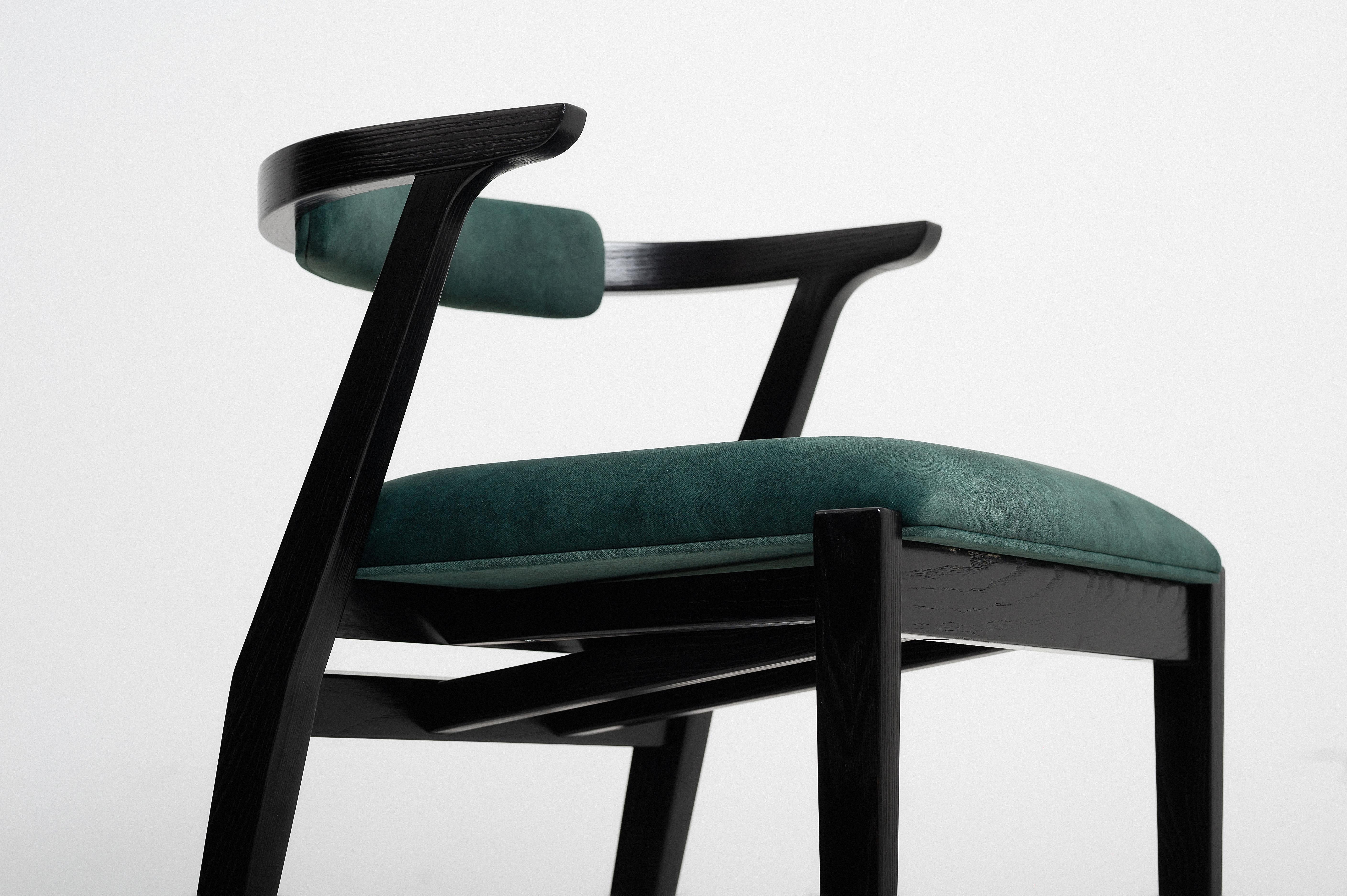 Carved Modern Dining Room Chairs in Black Solid Wood and Emerald Material For Sale
