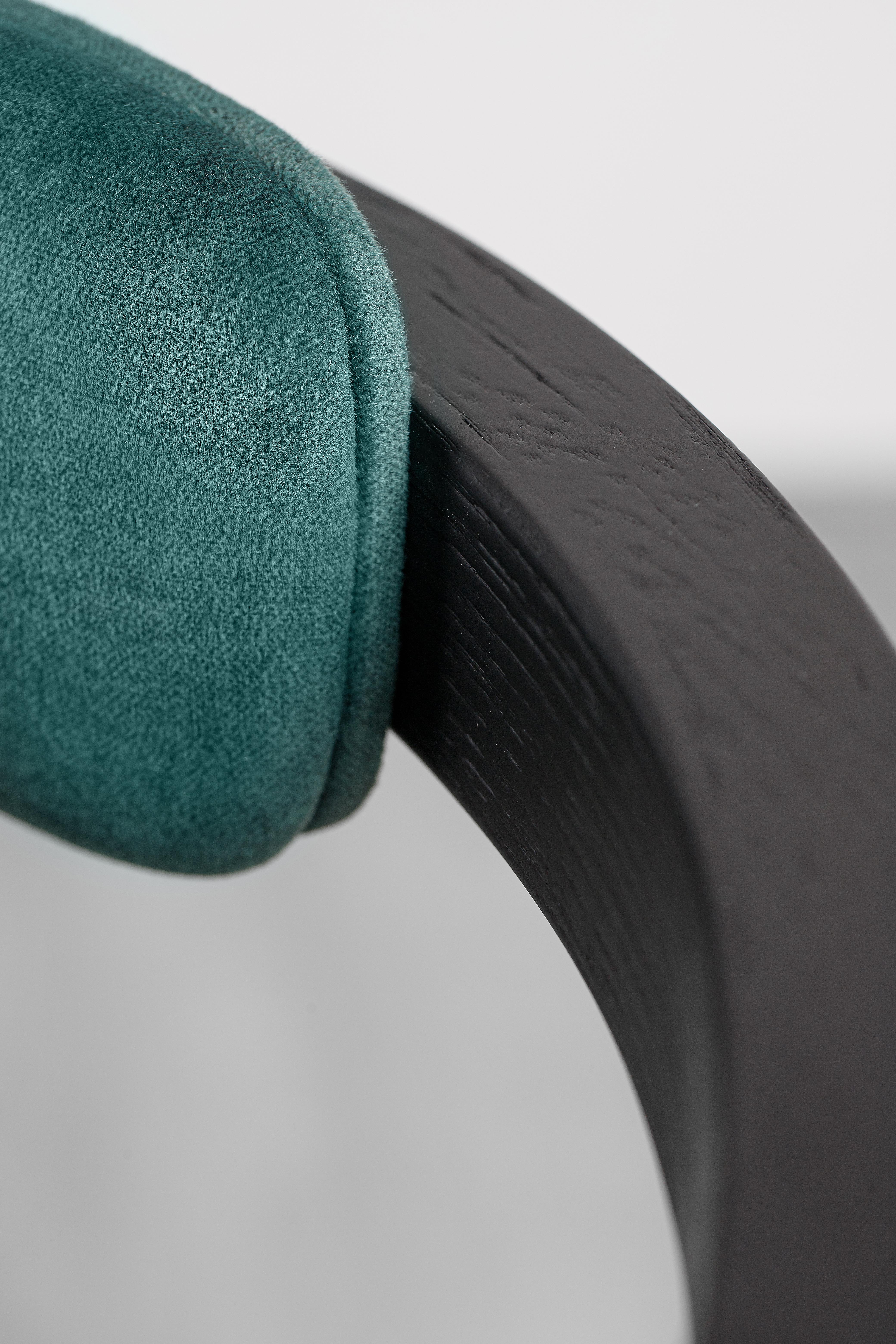 Carved Modern Dining Room Chairs in Black Solid Wood and Emerald Material For Sale