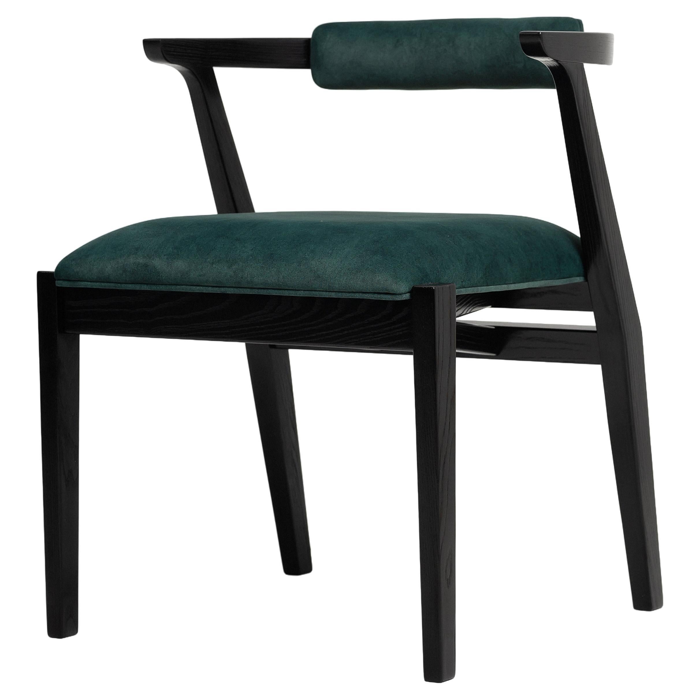 Modern Dining Room Chairs in Black Solid Wood and Emerald Material For Sale