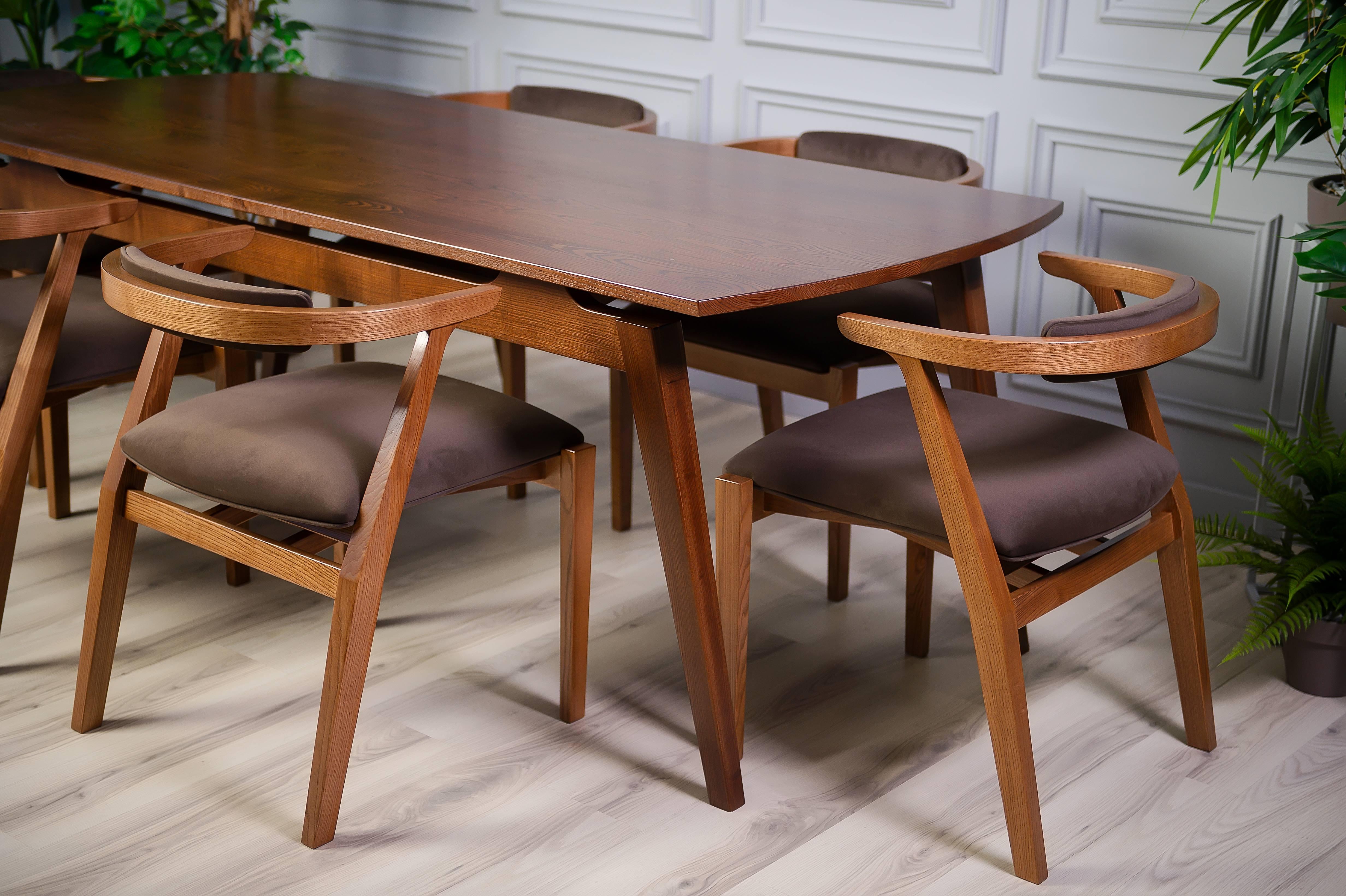 Modern Dining Room Chairs in Solid Wood and Brown Material For Sale 5