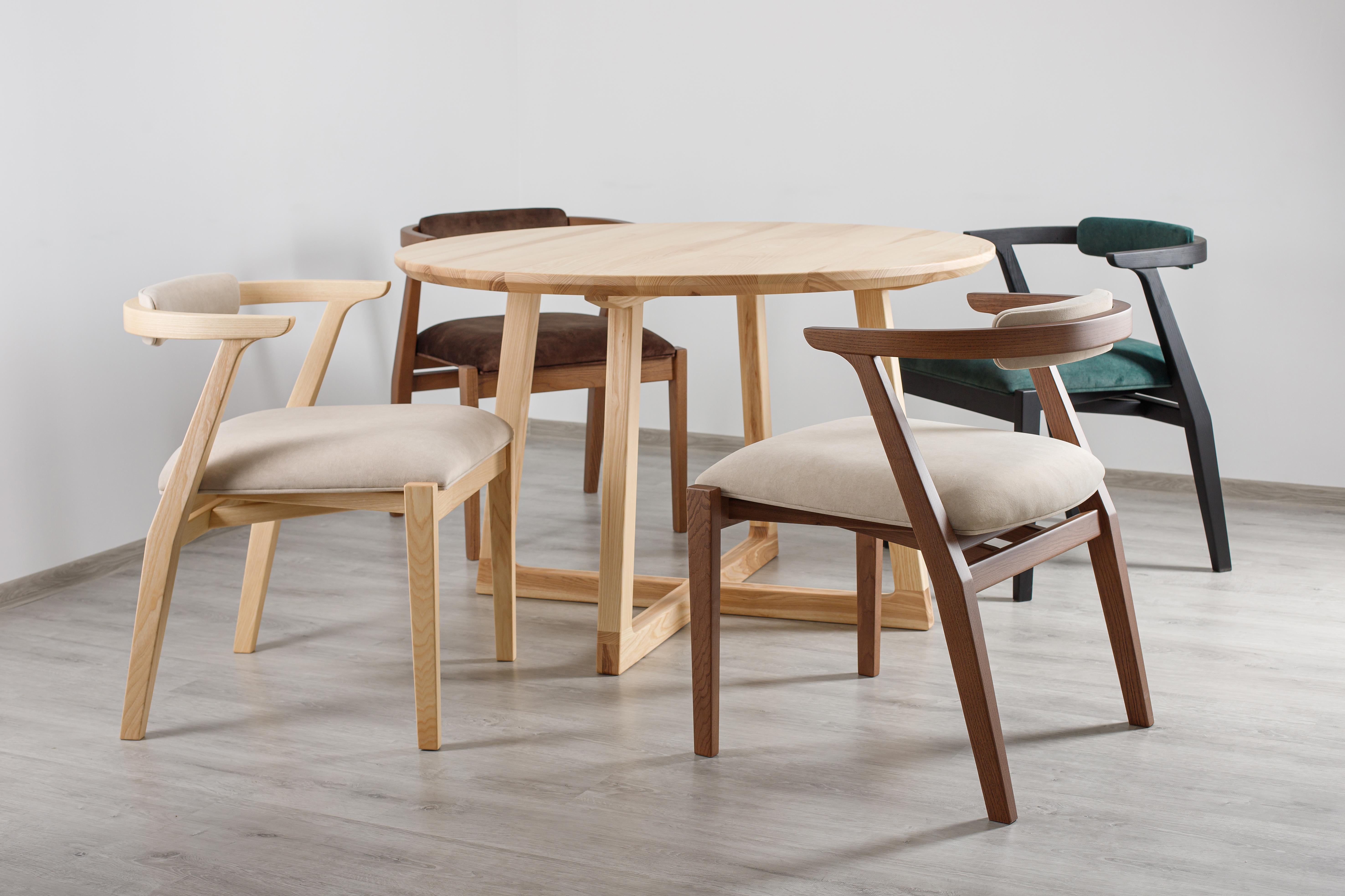 Modern Dining Room Chairs in Solid Wood and Brown Material For Sale 5