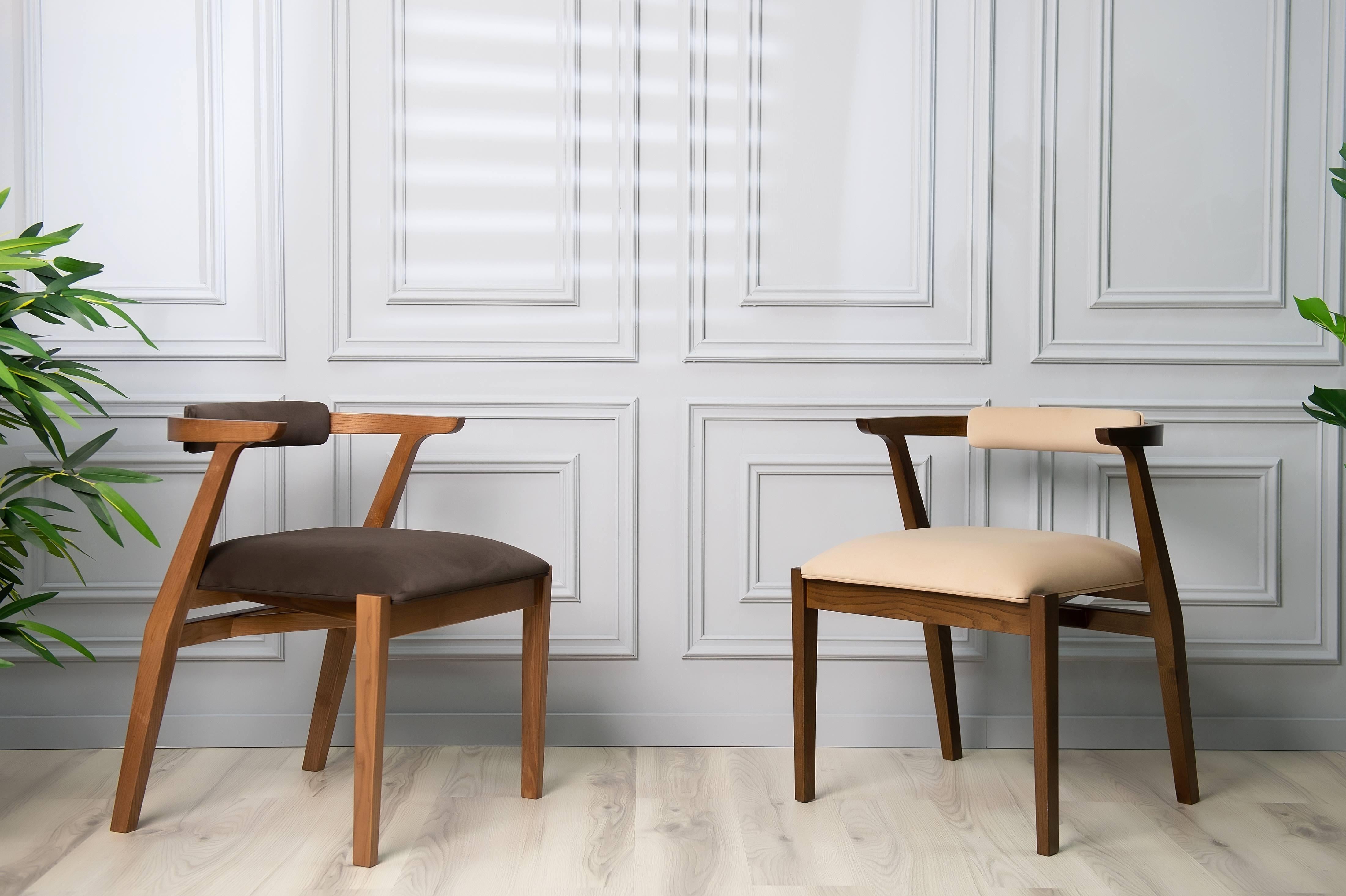 Modern Dining Room Chairs in Solid Wood and Brown Material For Sale 9