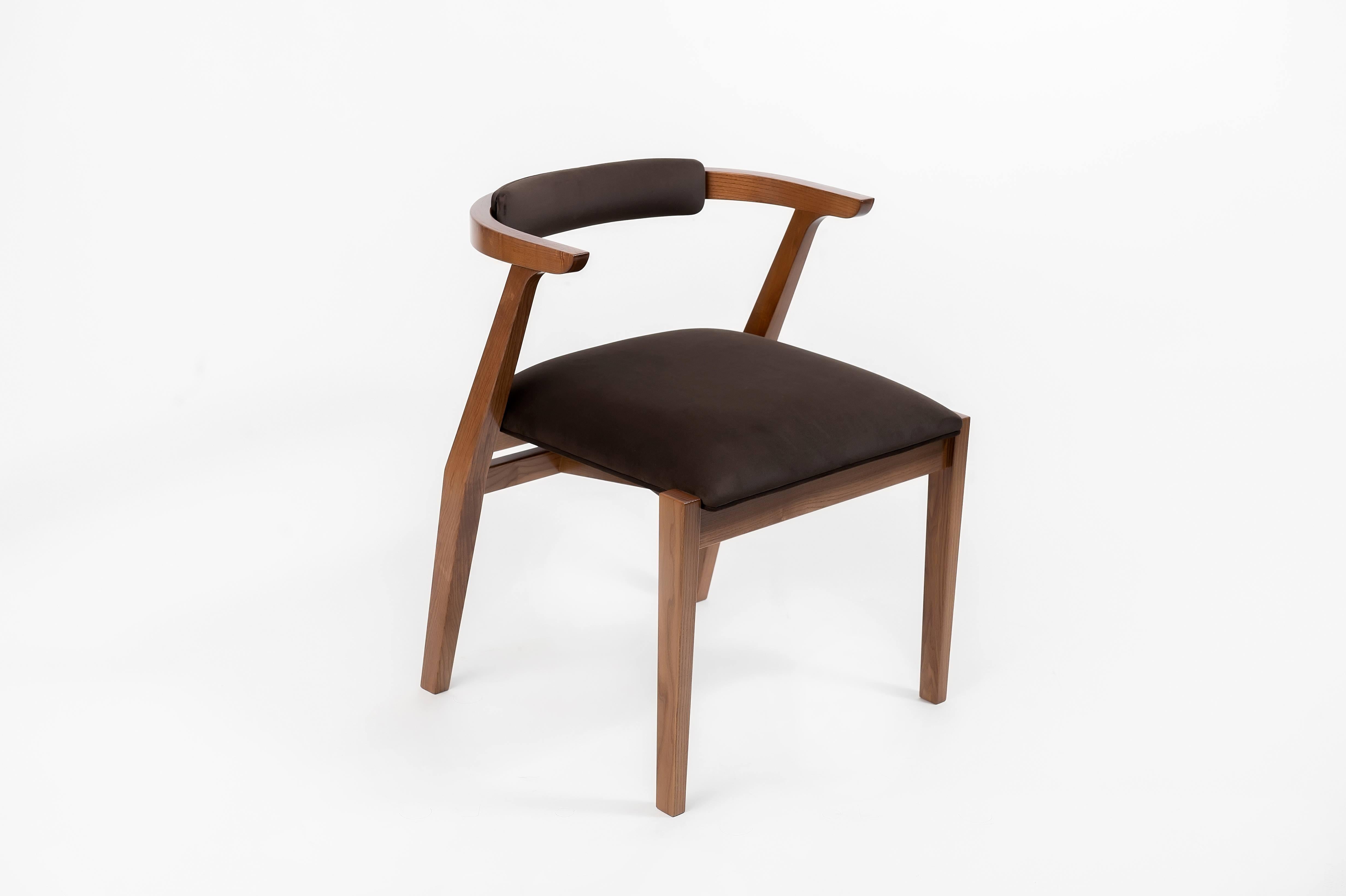 Modern Dining Room Chairs in Solid Wood and Brown Material For Sale 1