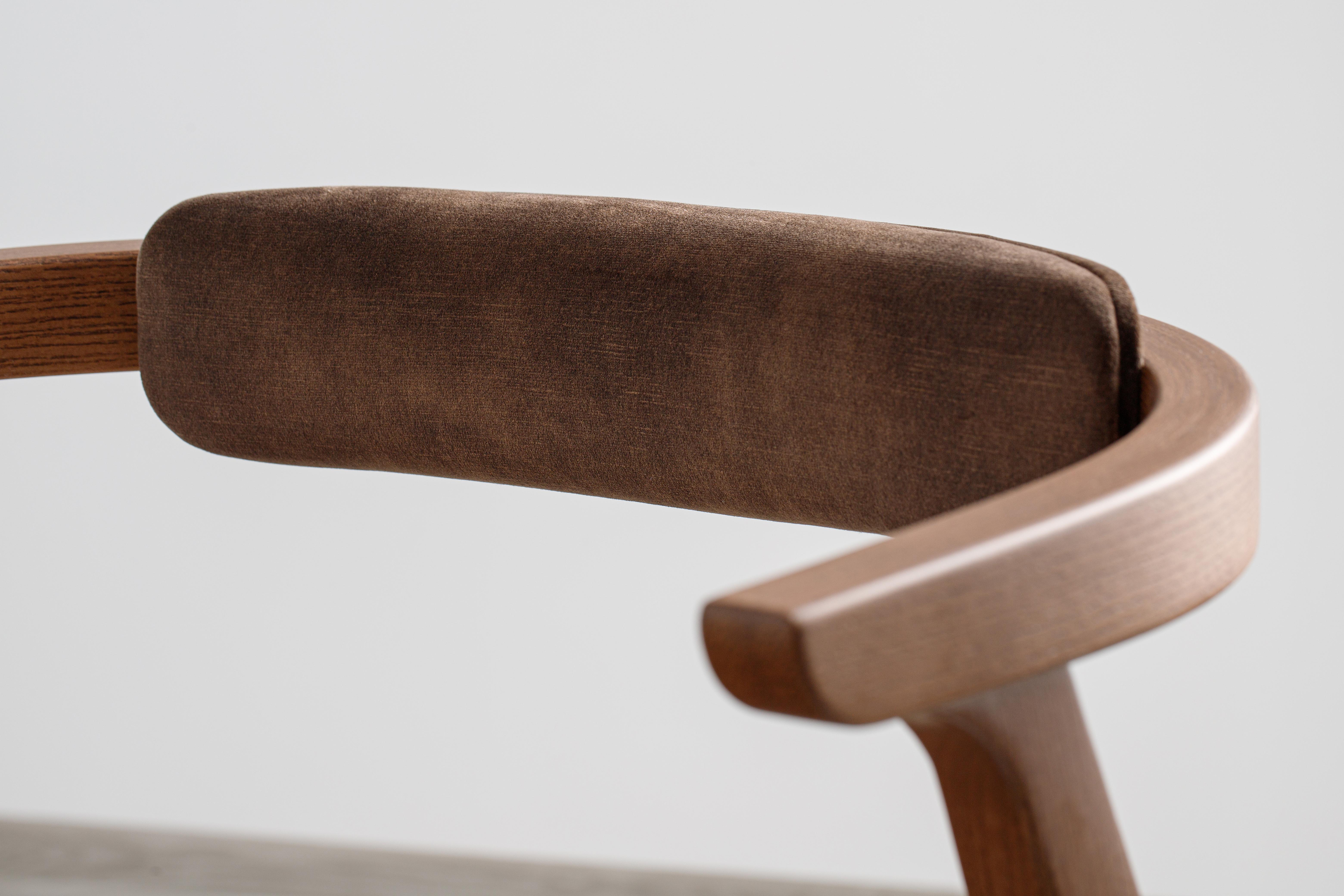 Modern Dining Room Chairs in Solid Wood and Brown Material For Sale 1